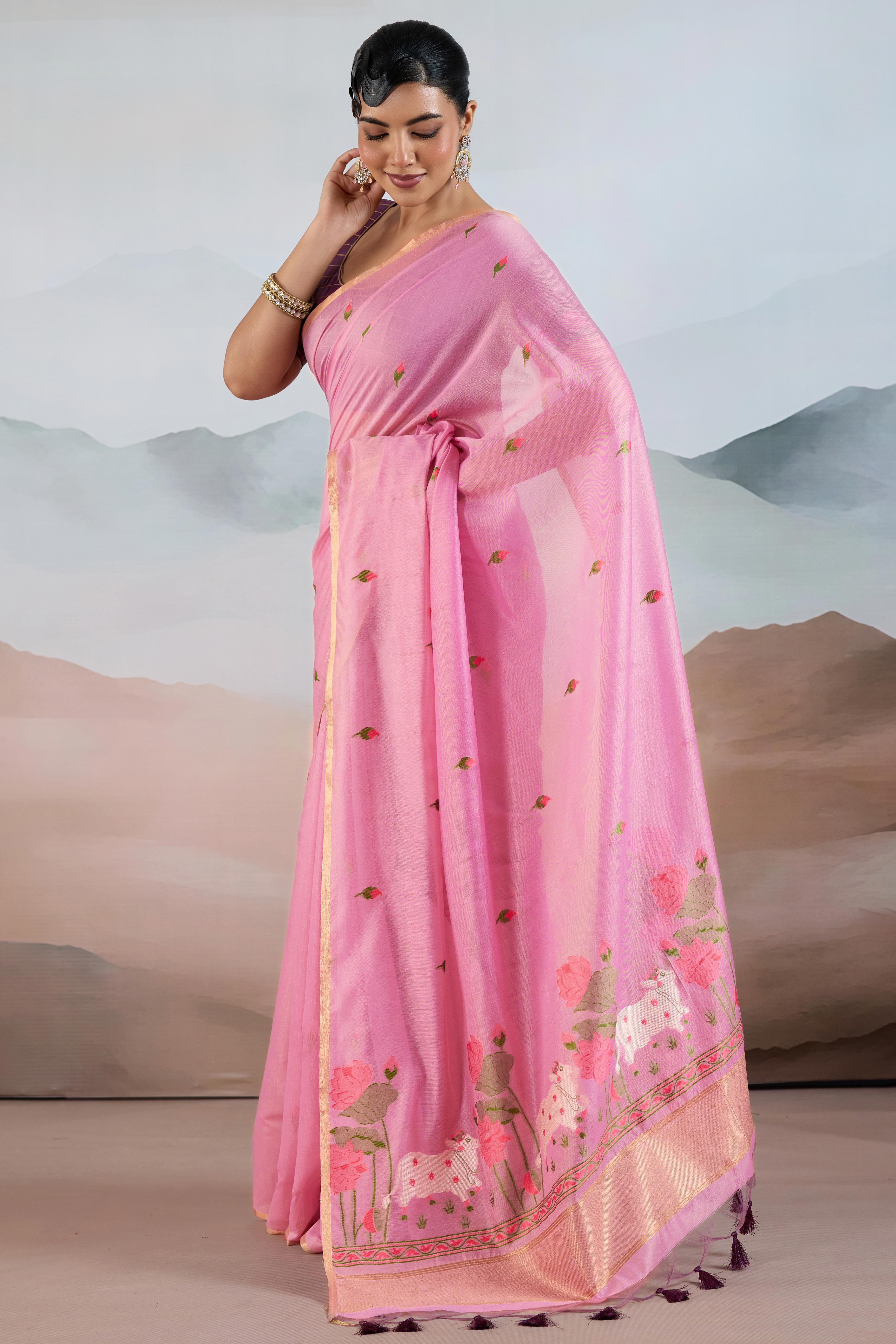 Trendy Pink Cotton Blend Weaving Saree Showcasing Floral & Animal Motif & Classic Tassel Pallu