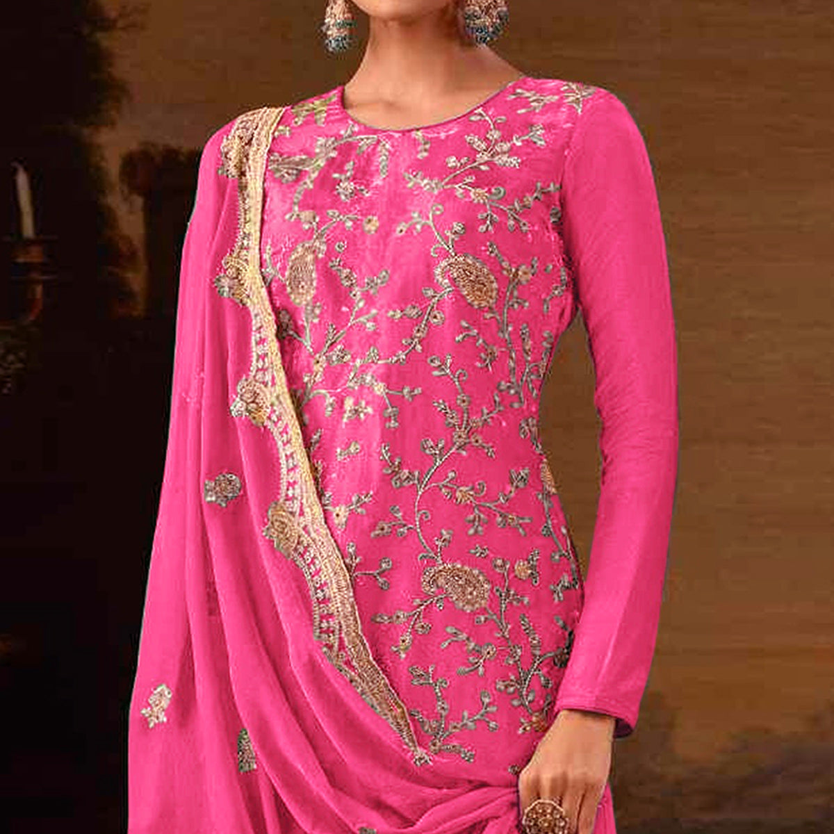 Pink Floral Sequins Embroidered Georgette Semi Stitched Salwar Suit