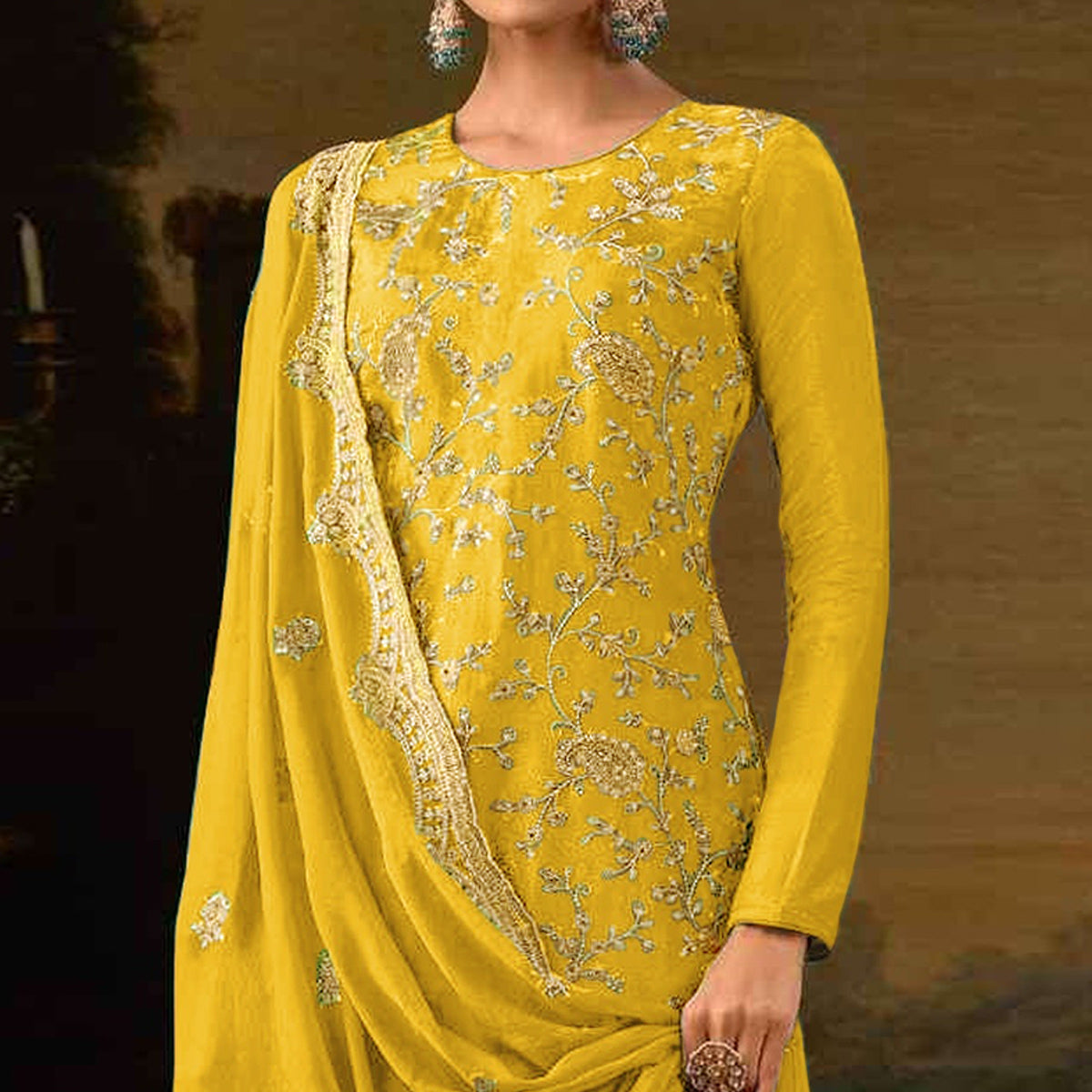 Yellow Floral Sequins Embroidered Georgette Semi Stitched Salwar Suit