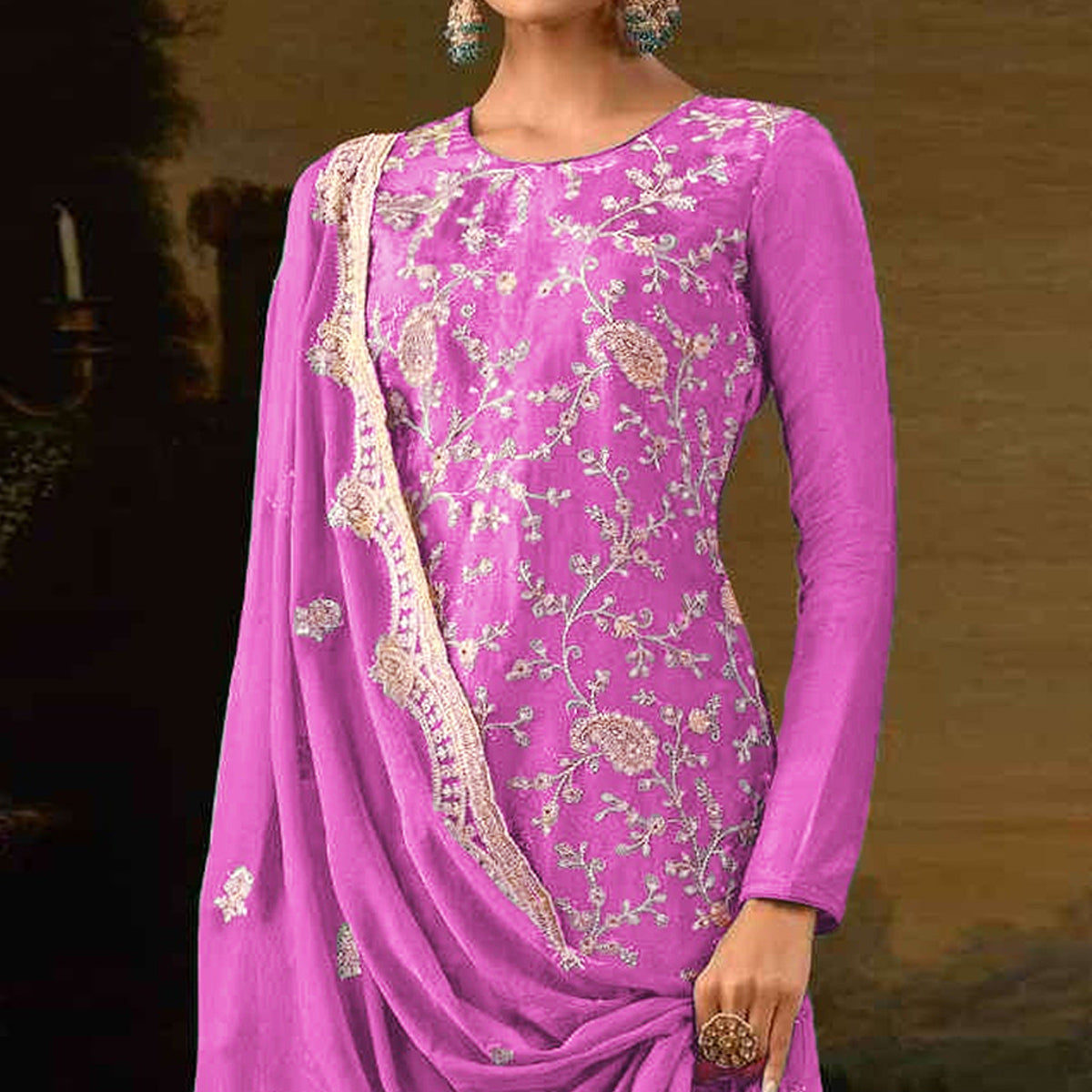 Purple Floral Sequins Embroidered Georgette Semi Stitched Salwar Suit