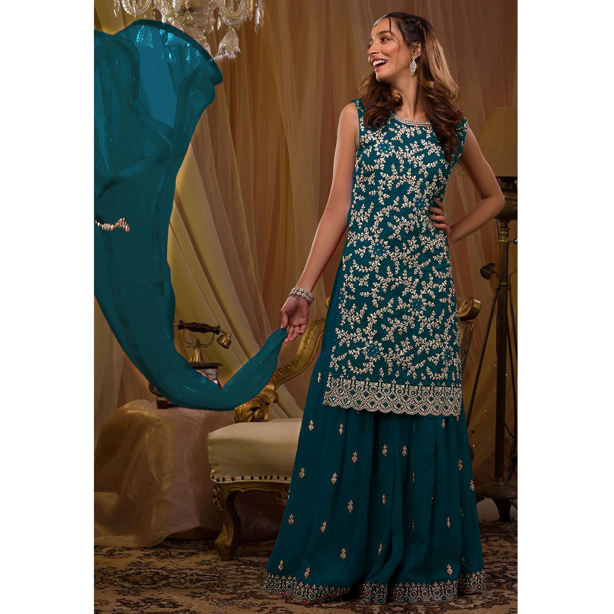Morpich Sequins Embroidered Georgette Semi Stitched Sharara Suit