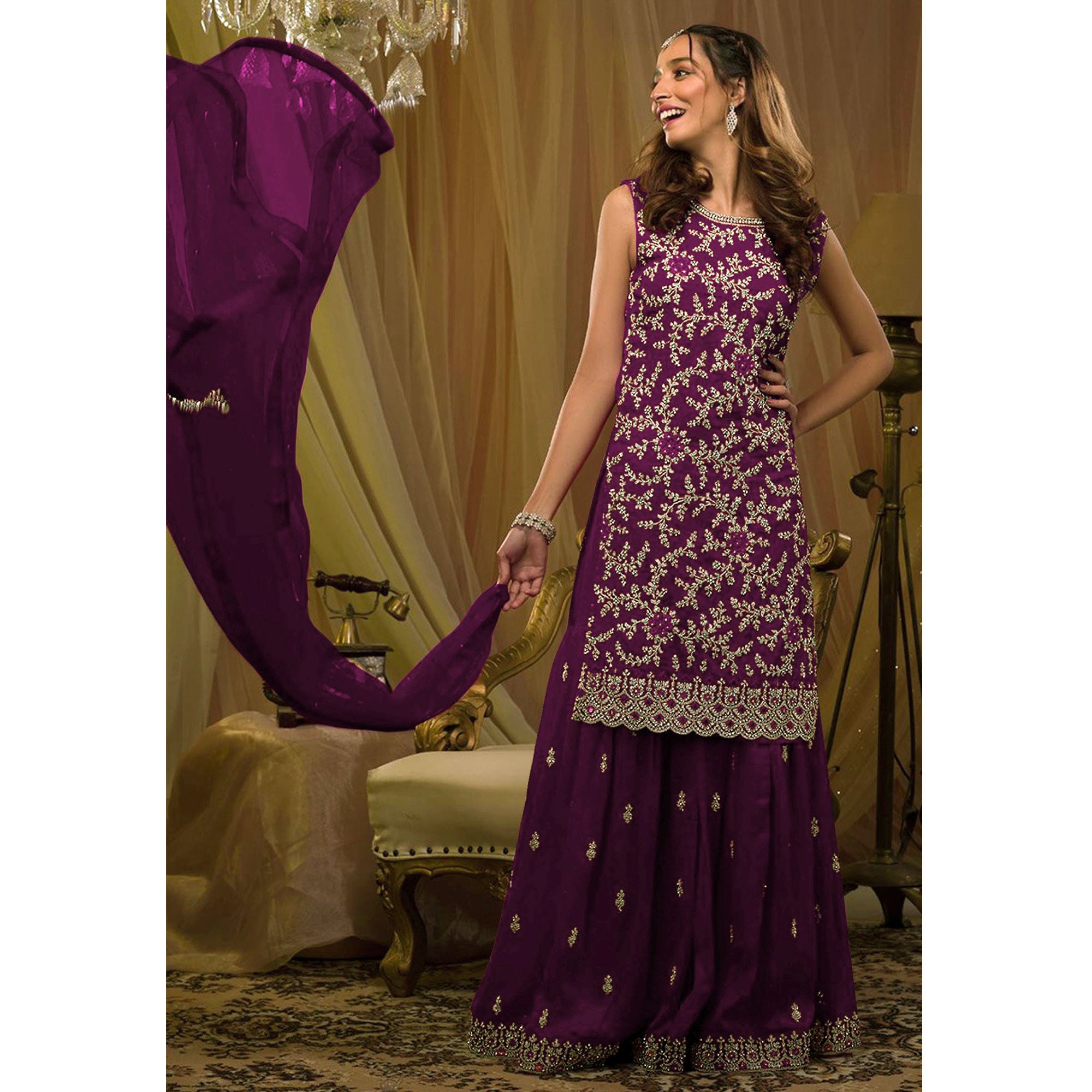 Purple Sequins Embroidered Georgette Semi Stitched Sharara Suit