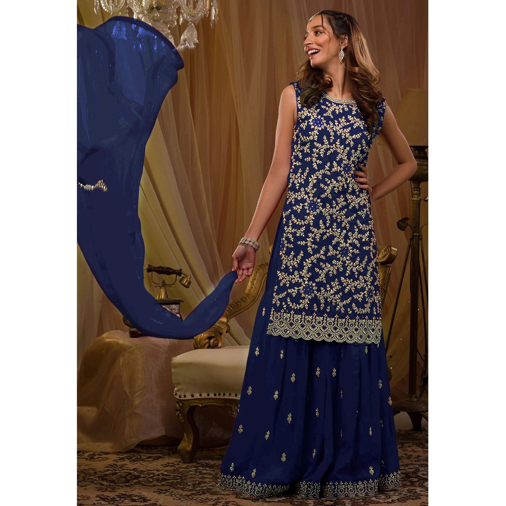 Blue Sequins Embroidered Georgette Semi Stitched Sharara Suit