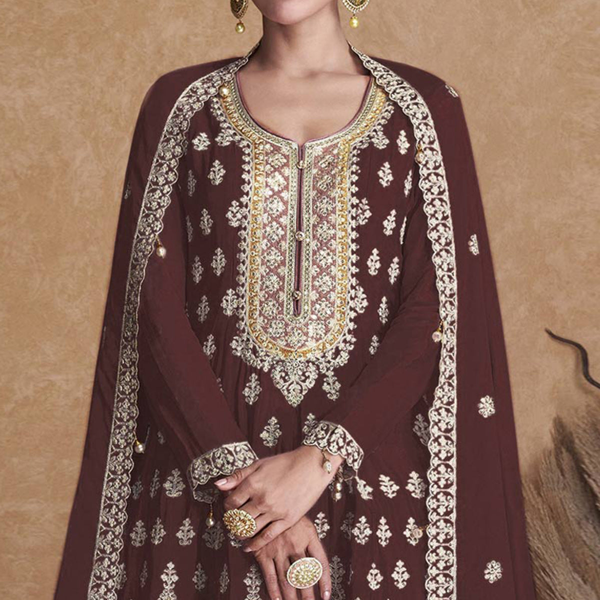 Brown Sequins Embroidered Georgette Semi Stitched Sharara Suit