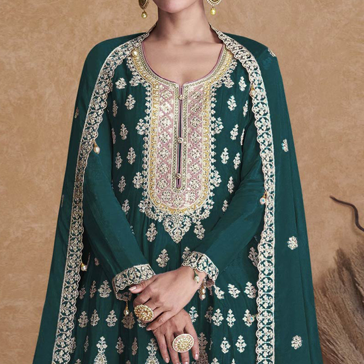 Green Sequins Embroidered Georgette Semi Stitched Sharara Suit