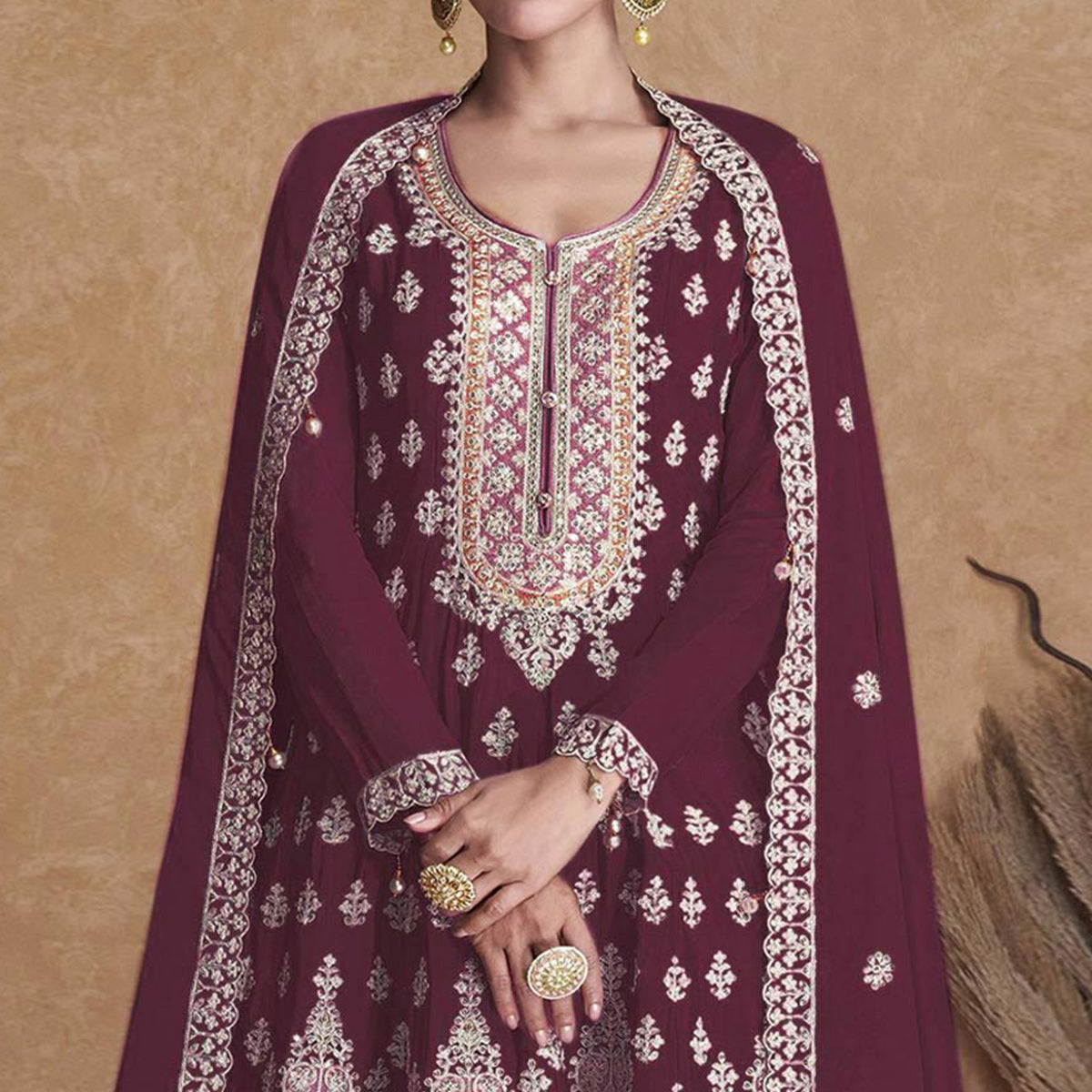 Maroon Sequins Embroidered Georgette Semi Stitched Sharara Suit