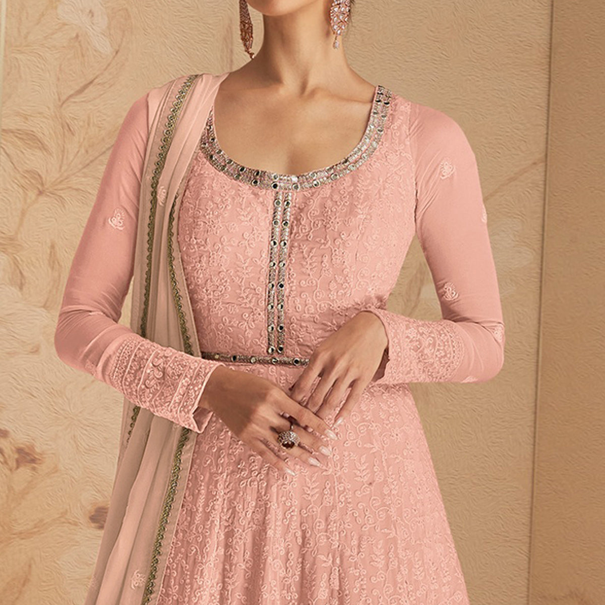 Peach Floral Embroidered Georgette Semi Stitched Anarkali Suit