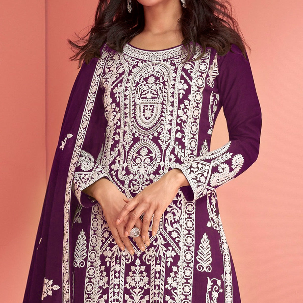 Purple Floral Embroidered Georgette Semi Stitched Suit