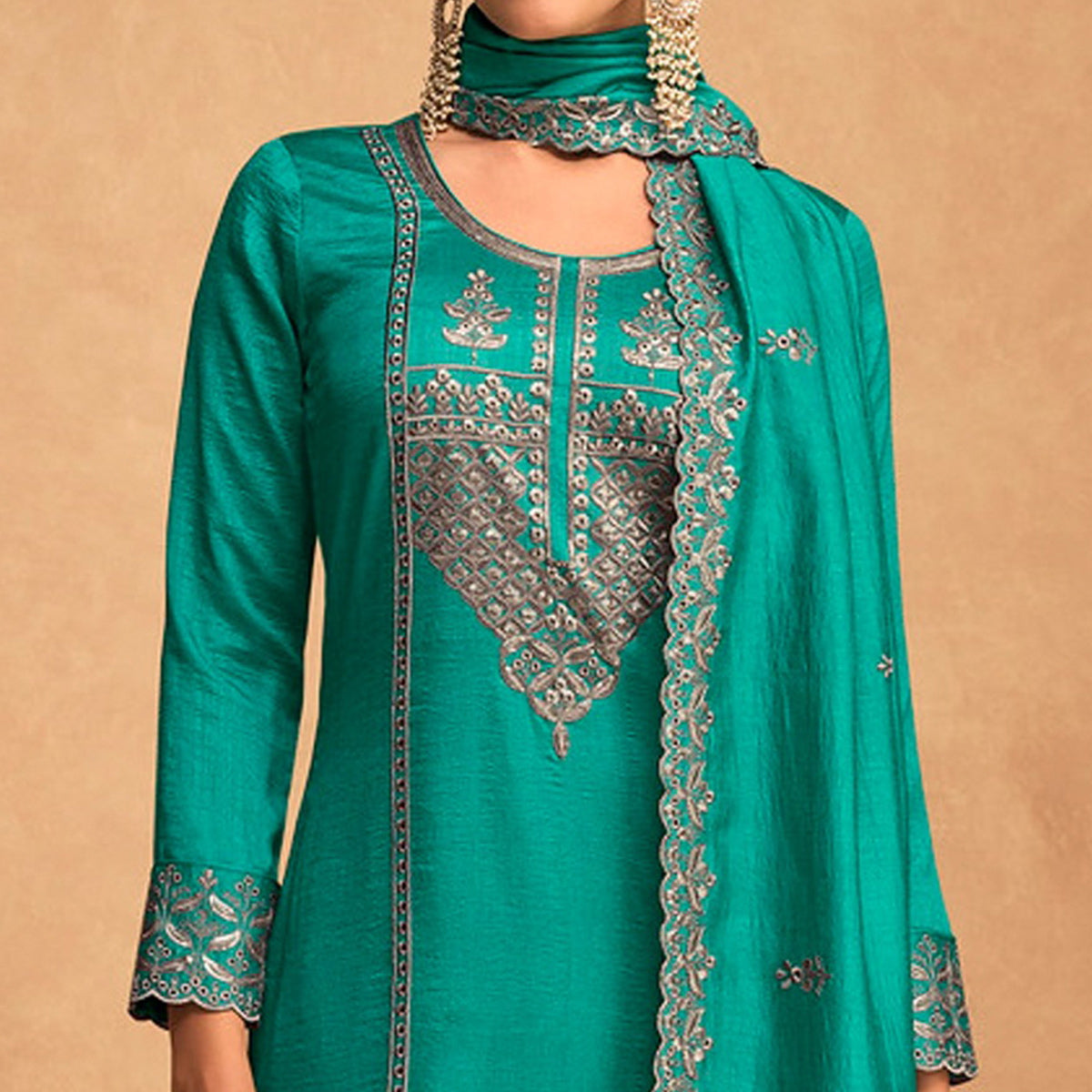 Rama Blue Sequins Embroidered Art Silk Semi Stitched Suit