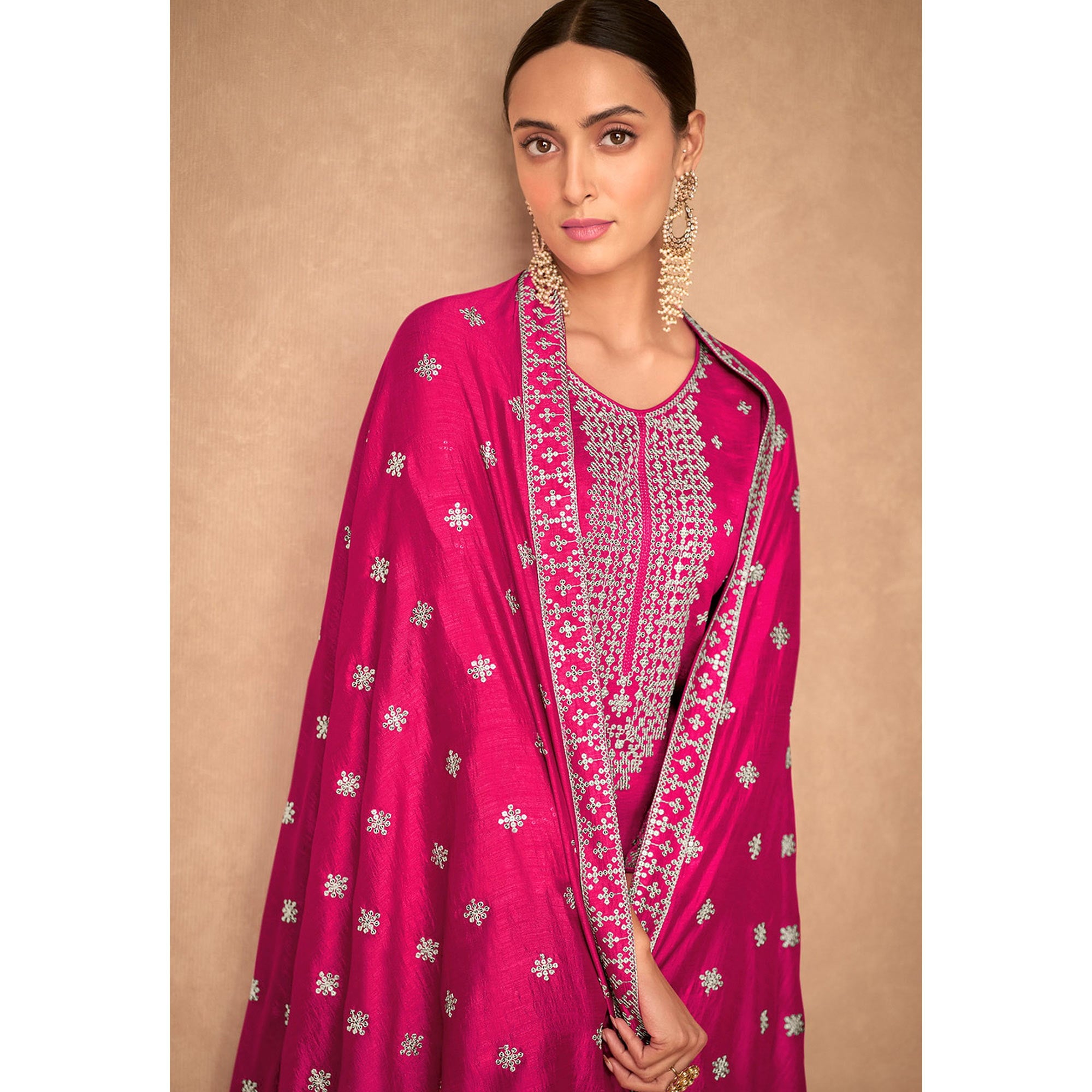 Pink Sequins Embroidered Art Silk Semi Stitched Suit