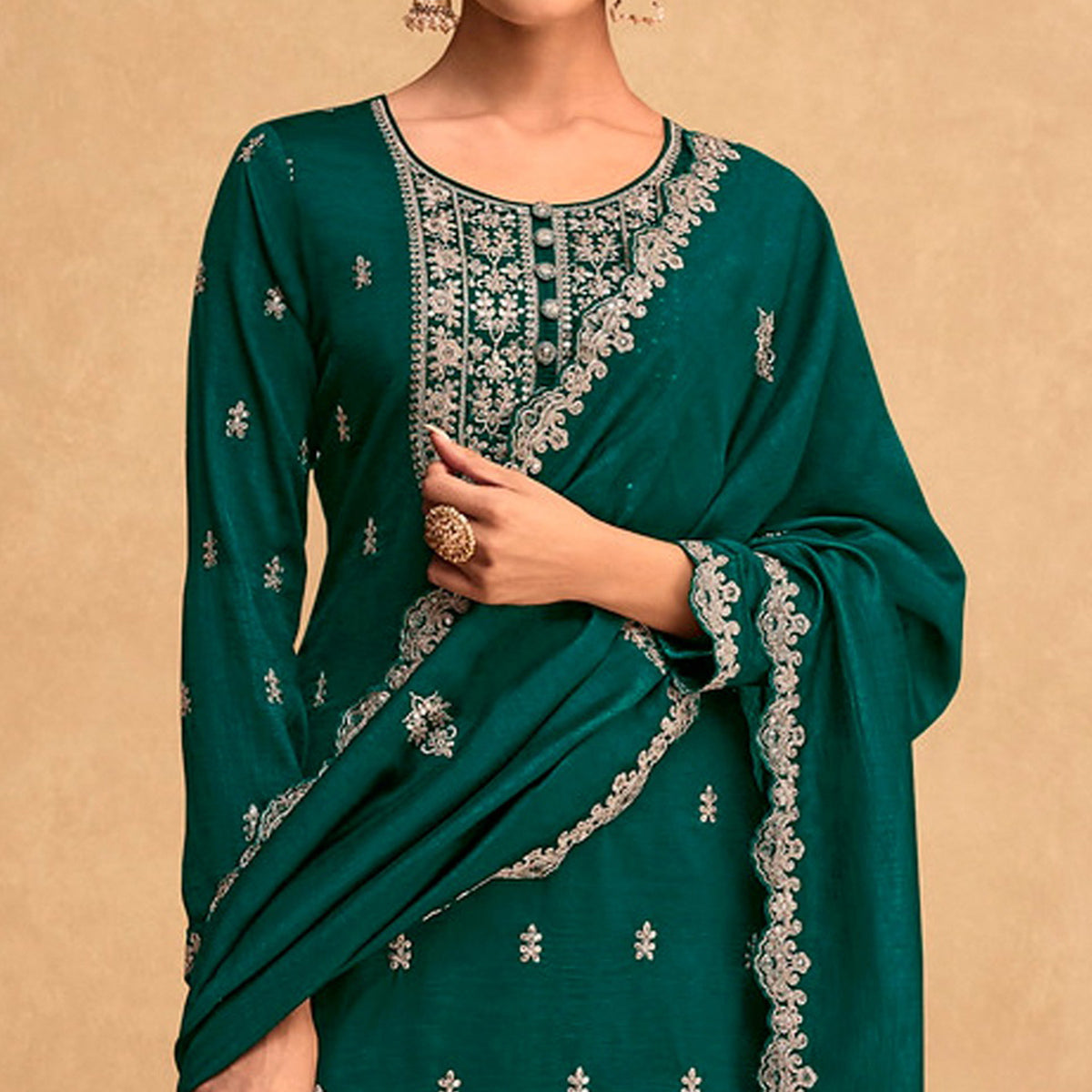 Green Sequins Embroidered Art Silk Semi Stitched Suit