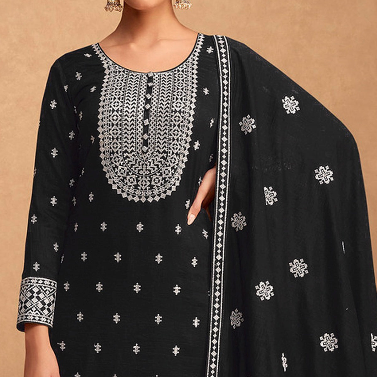 Black Sequins Embroidered Art Silk Semi Stitched Suit