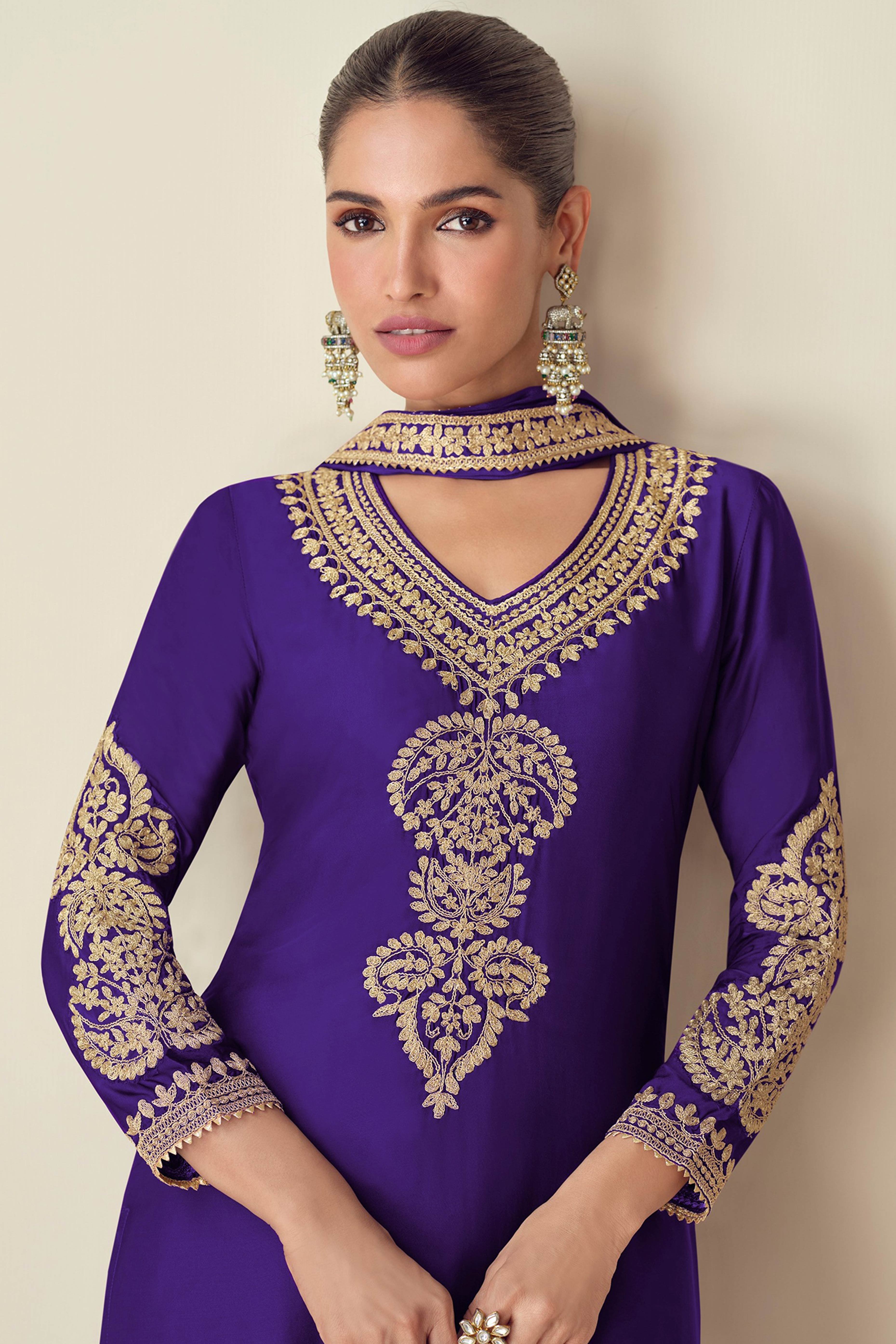 Exquisite Violet Sequins Floral Embroidered Chinon Semi-Stitched Salwar Suit