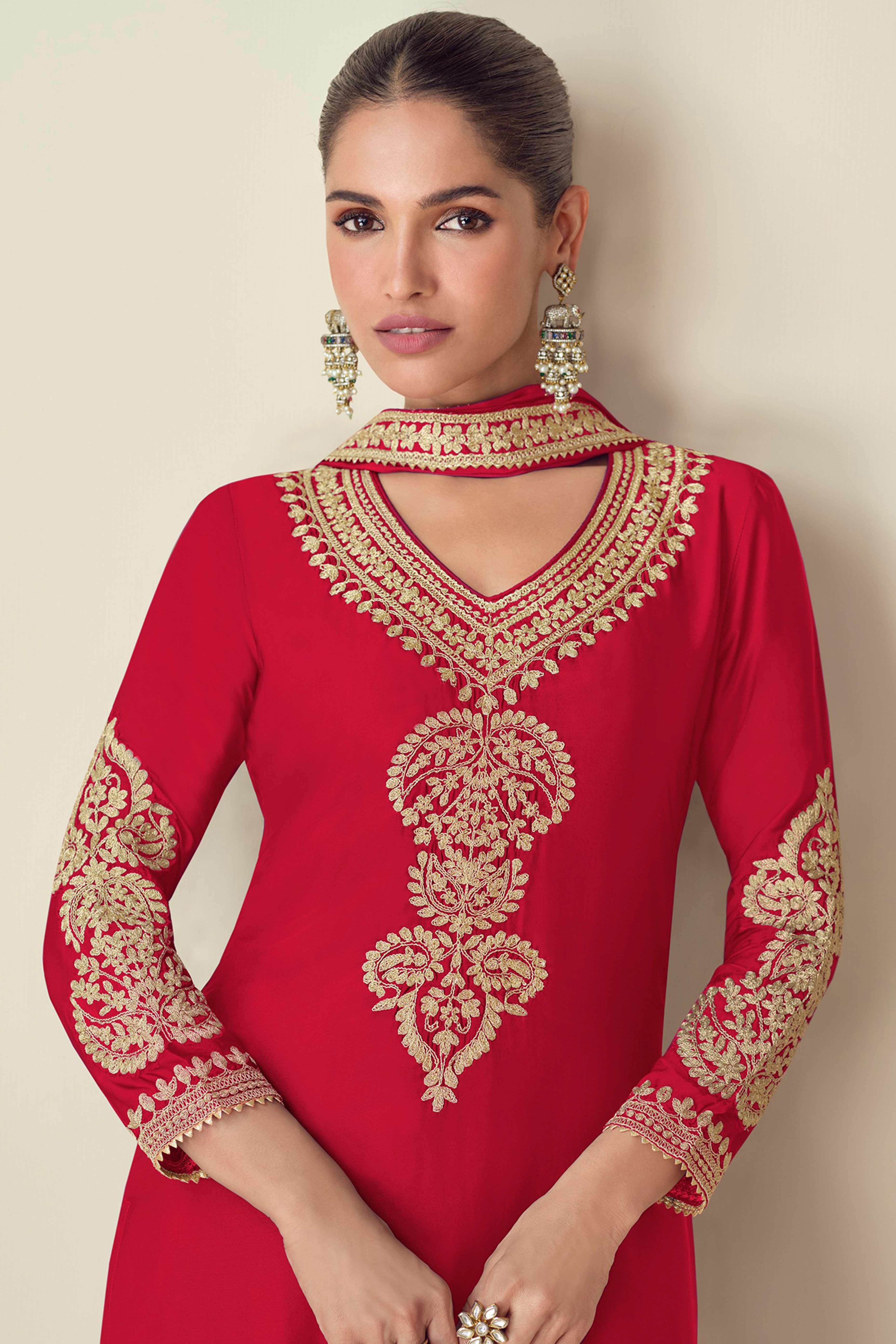 Cherry Red Sequins Floral Embroidered Chinon Semi-Stitched Salwar Suit