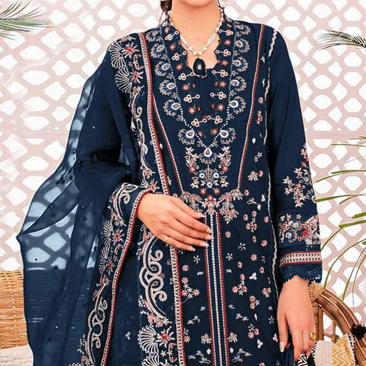 Blue Floral Embroidered Georgette Semi Stitched Suit