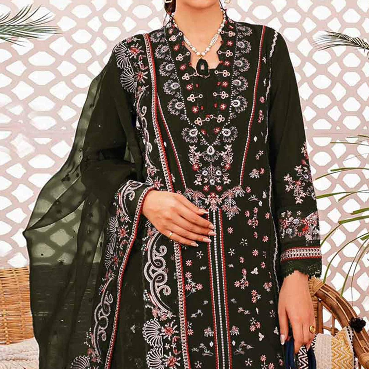 Mehandi Green Floral Embroidered Georgette Semi Stitched Suit