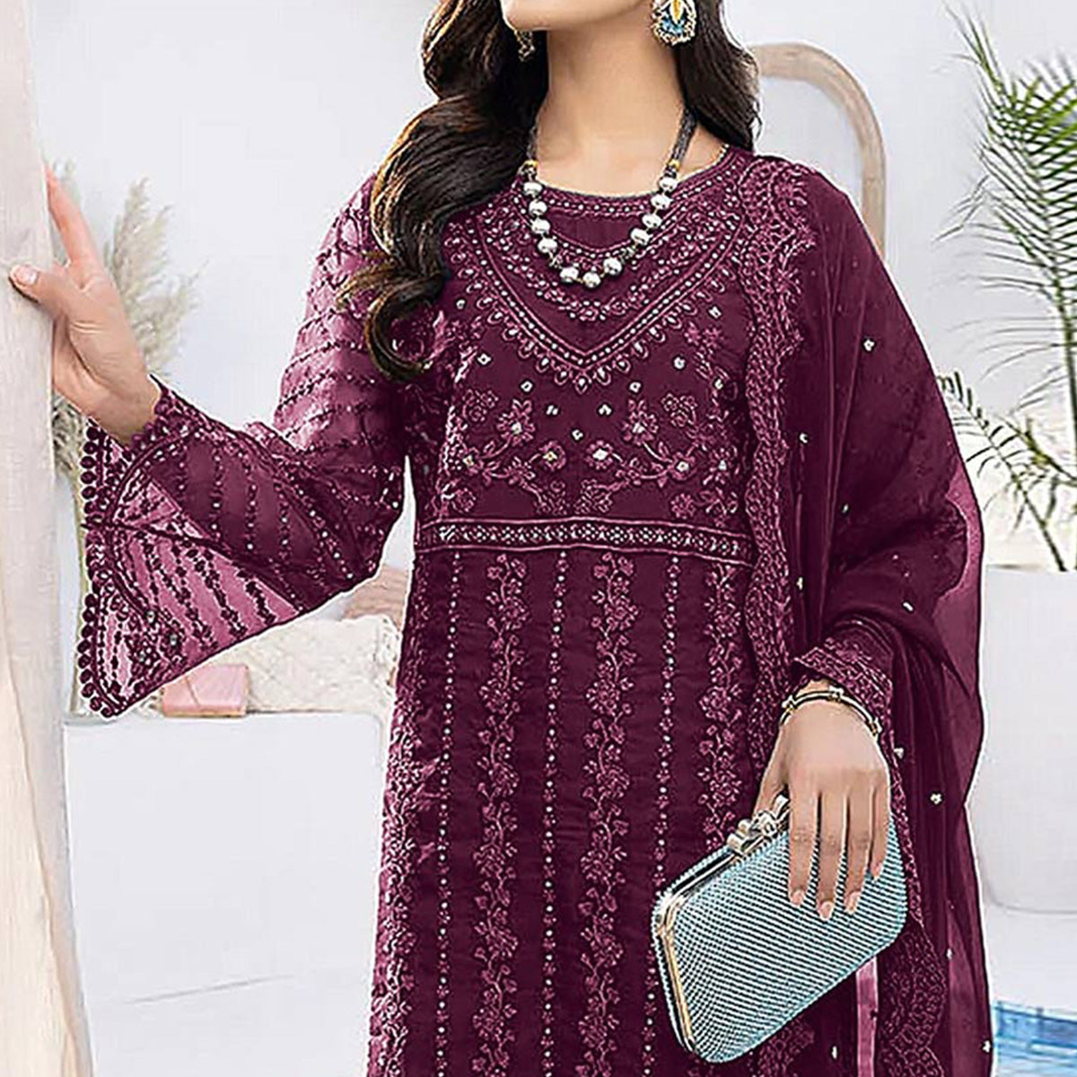 Wine Floral Embroidered Organza Semi Stitched Suit