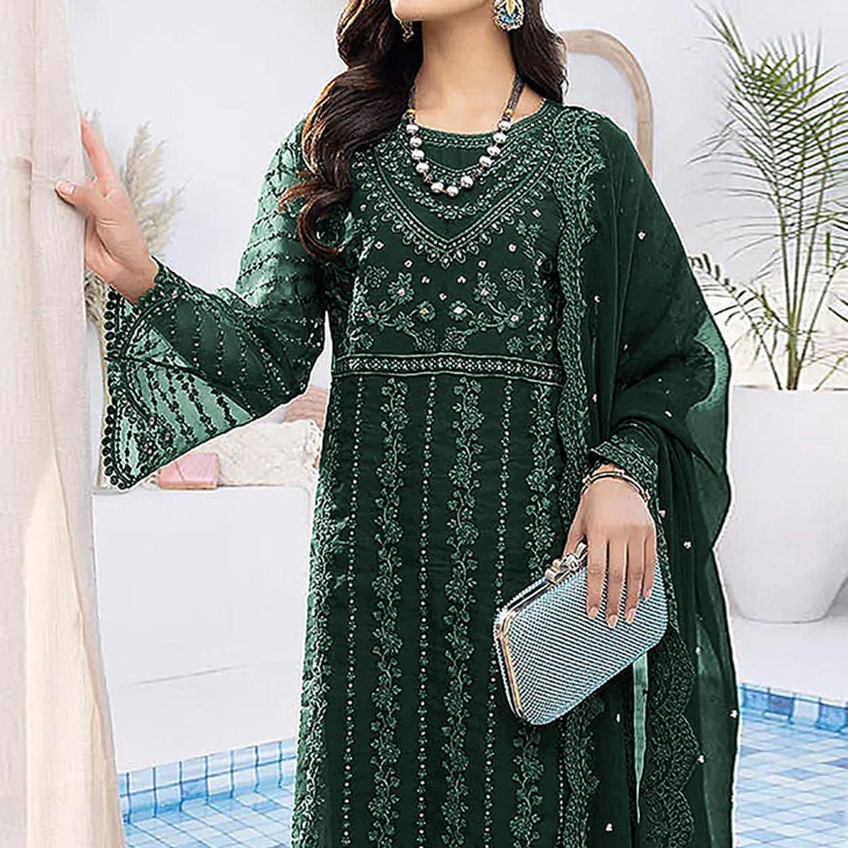 Bottle Green Floral Embroidered Organza Semi Stitched Suit