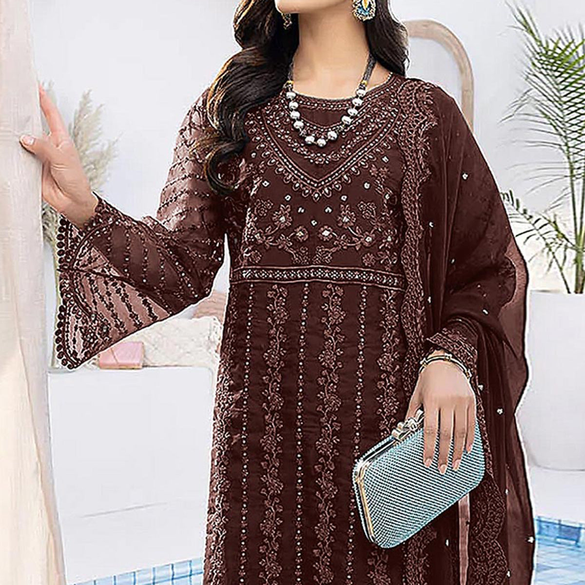 Brown Floral Embroidered Organza Semi Stitched Suit