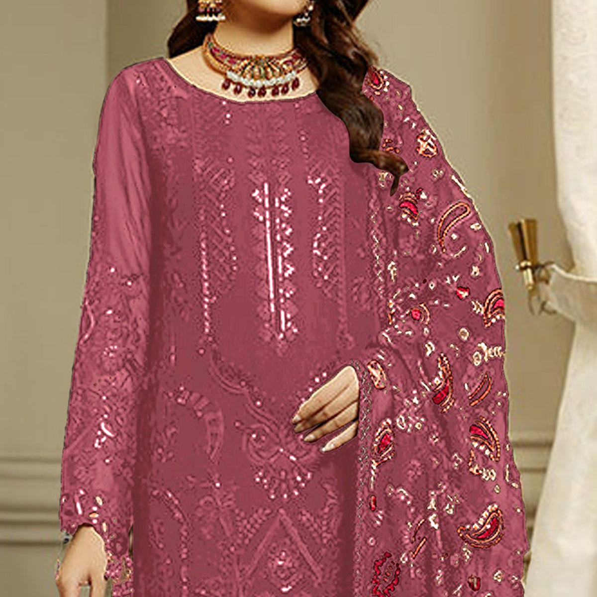 Mauve Embroidered Georgette Semi Stitched Pakistani Suit