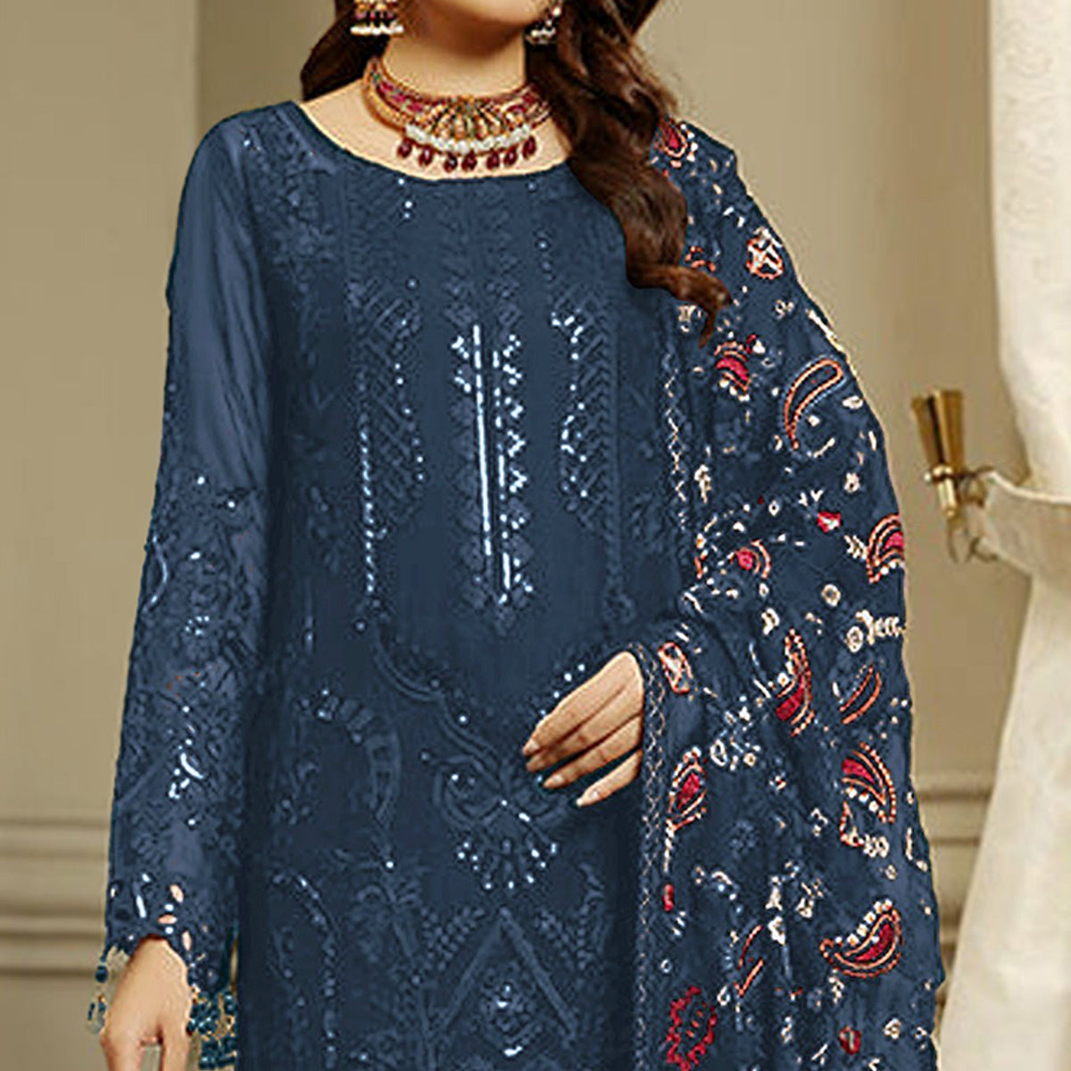 Blue Embroidered Georgette Semi Stitched Pakistani Suit
