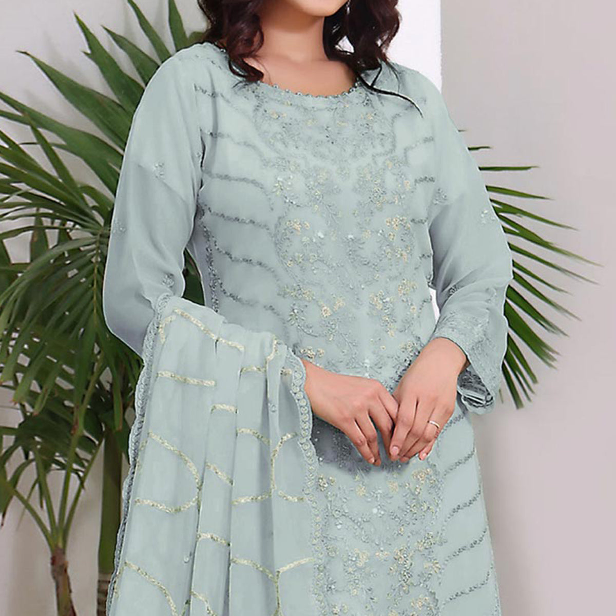 Sky Blue Embroidered Georgette Pakistani Semi Stitched Dress Material