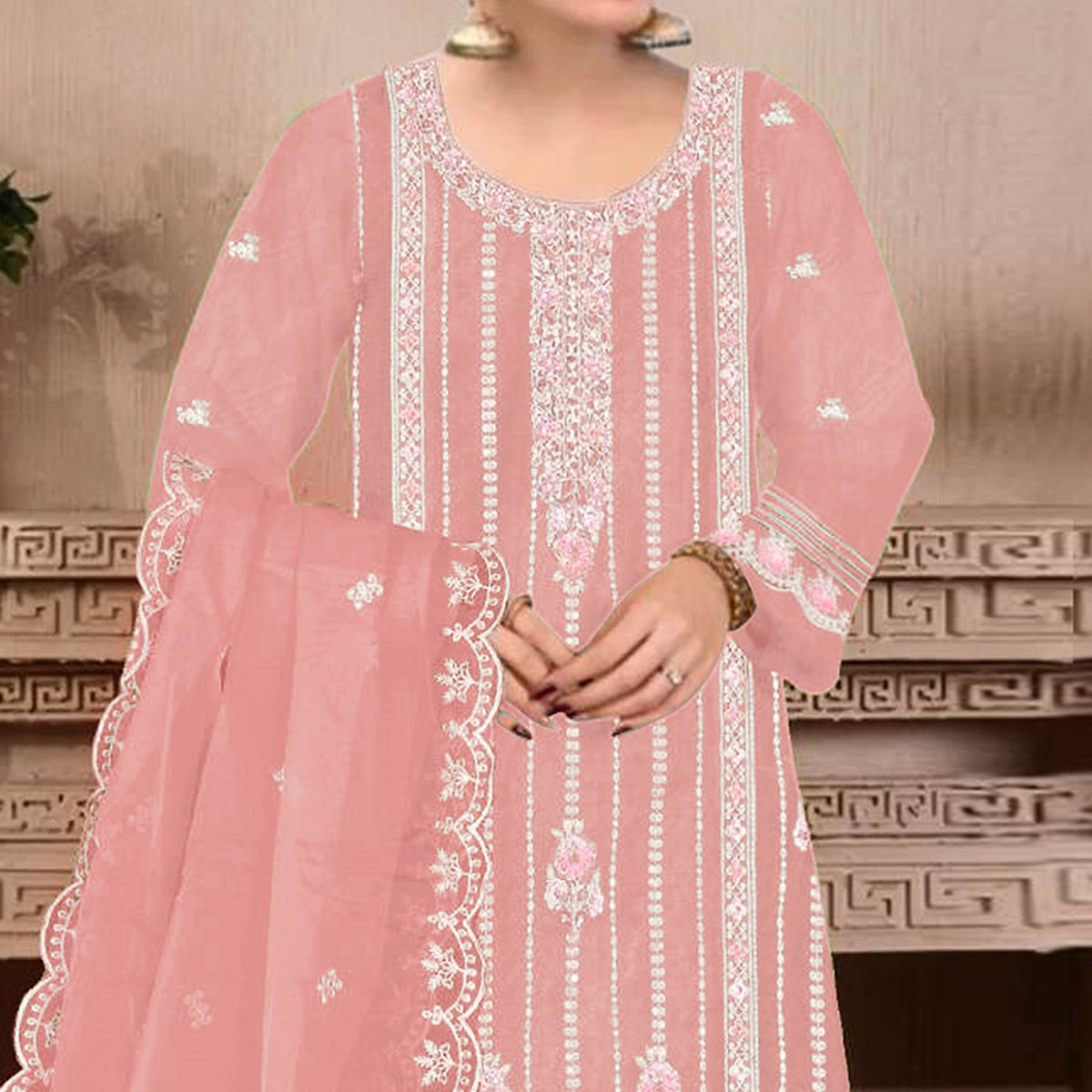 Peach Floral Hand Embroidered Georgette Semi Stitched Pakistani Suit