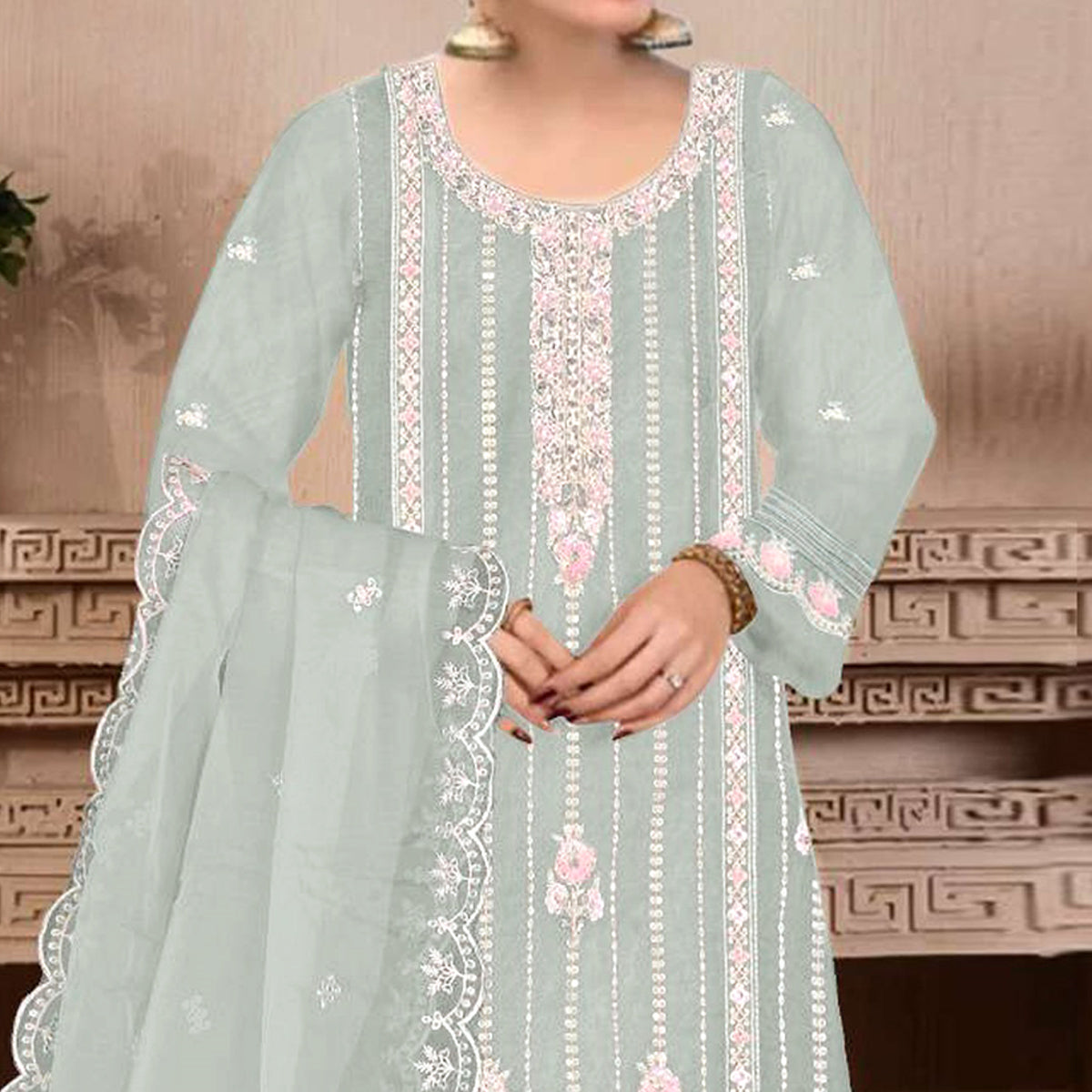 Sea Green Floral Hand Embroidered Georgette Semi Stitched Pakistani Suit