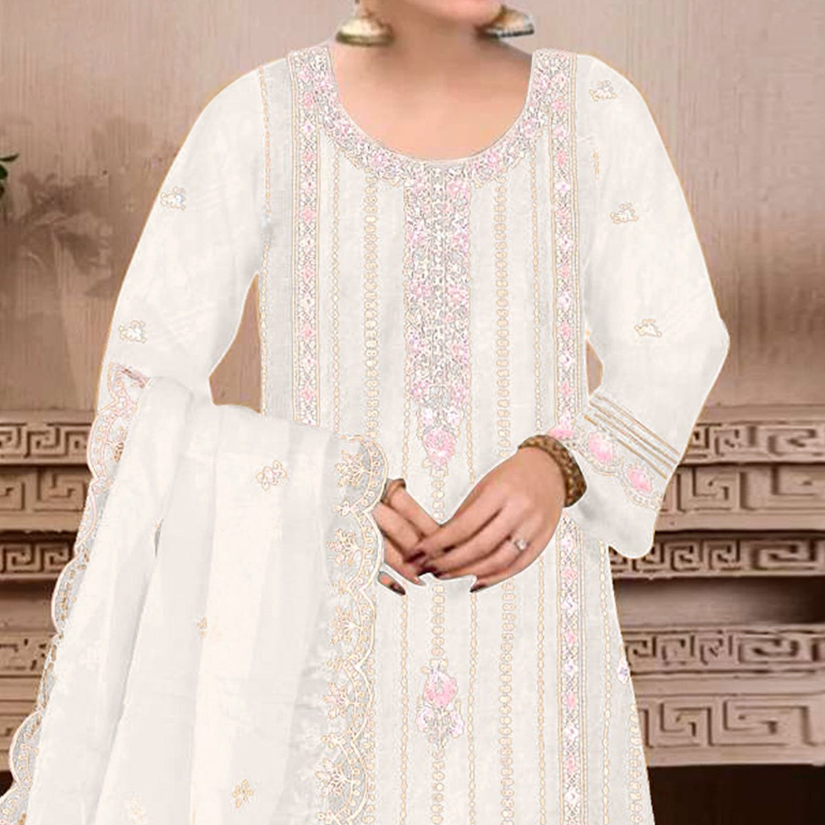 Cream Floral Hand Embroidered Georgette Semi Stitched Pakistani Suit