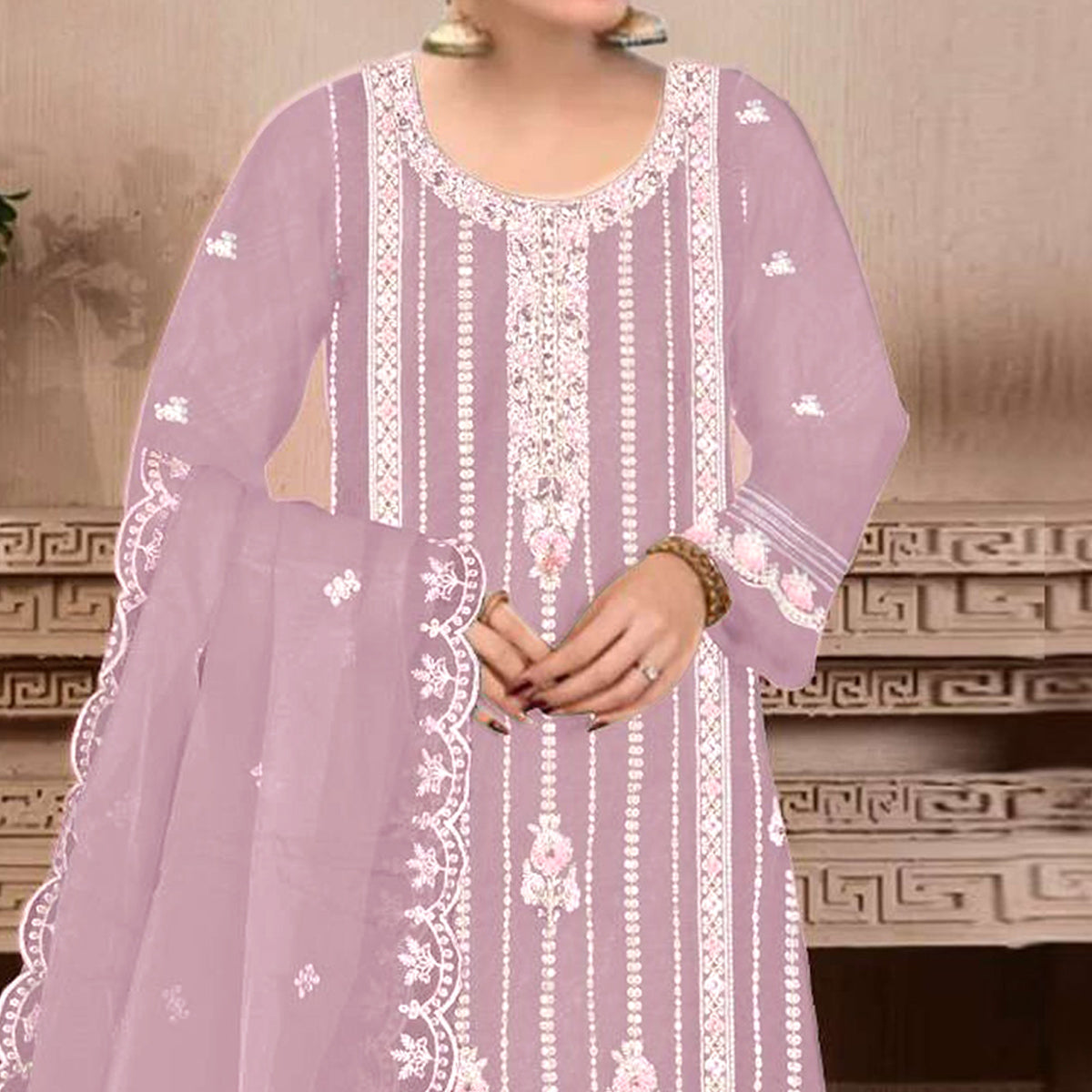 Light Purple Floral Hand Embroidered Georgette Semi Stitched Pakistani Suit