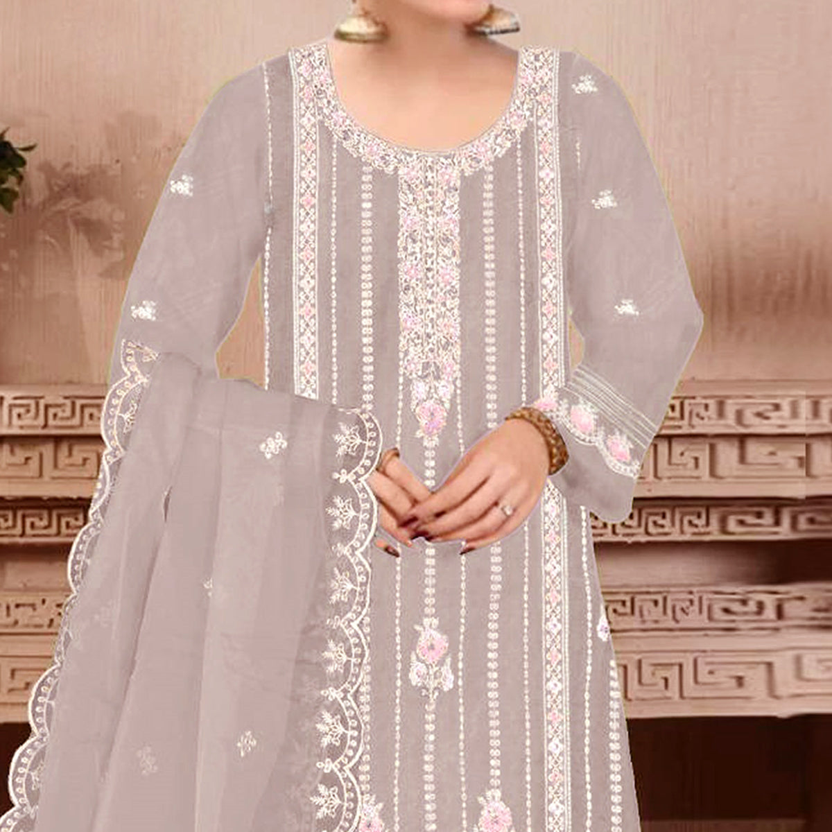 Beige Floral Hand Embroidered Georgette Semi Stitched Pakistani Suit