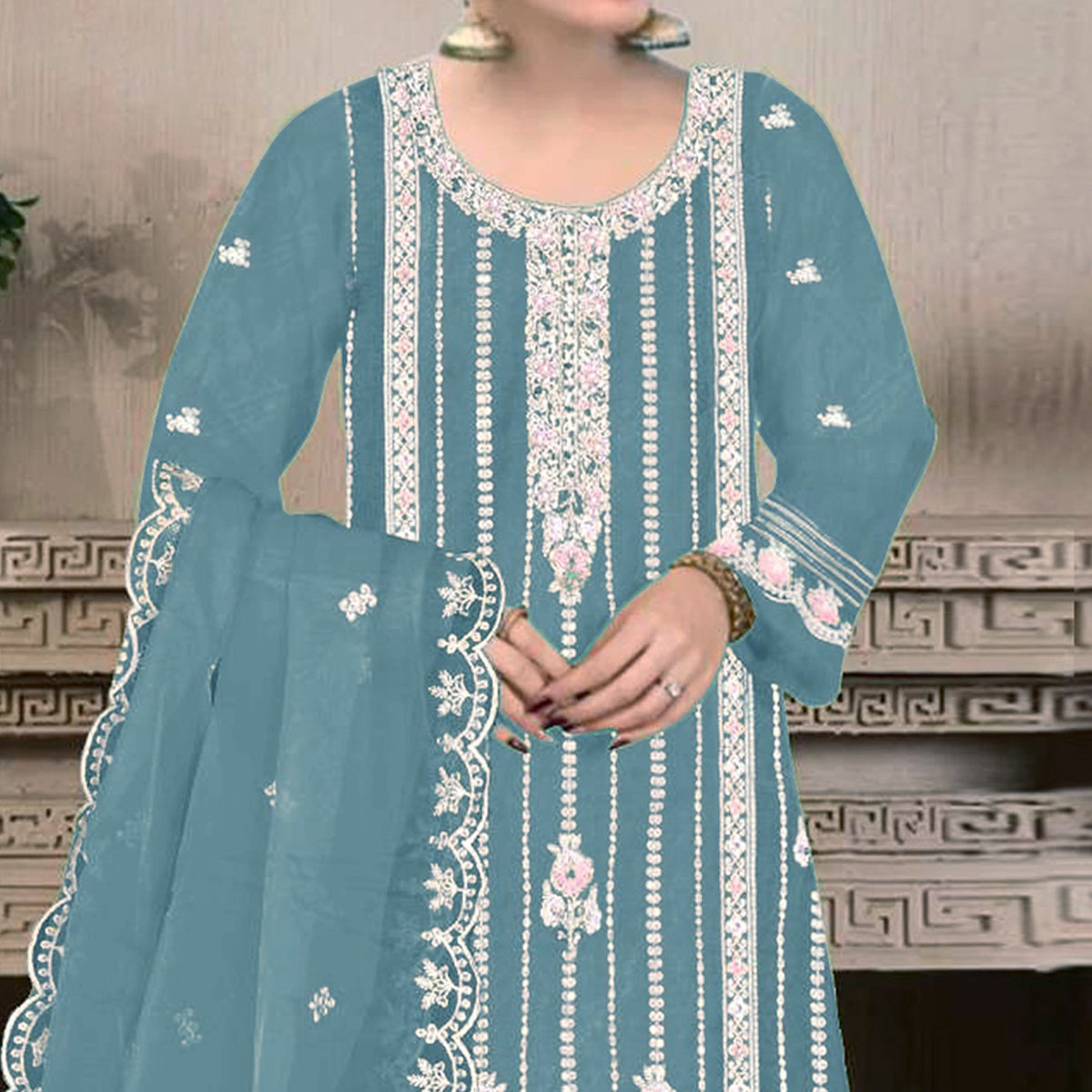 Blue Floral Hand Embroidered Georgette Semi Stitched Pakistani Suit