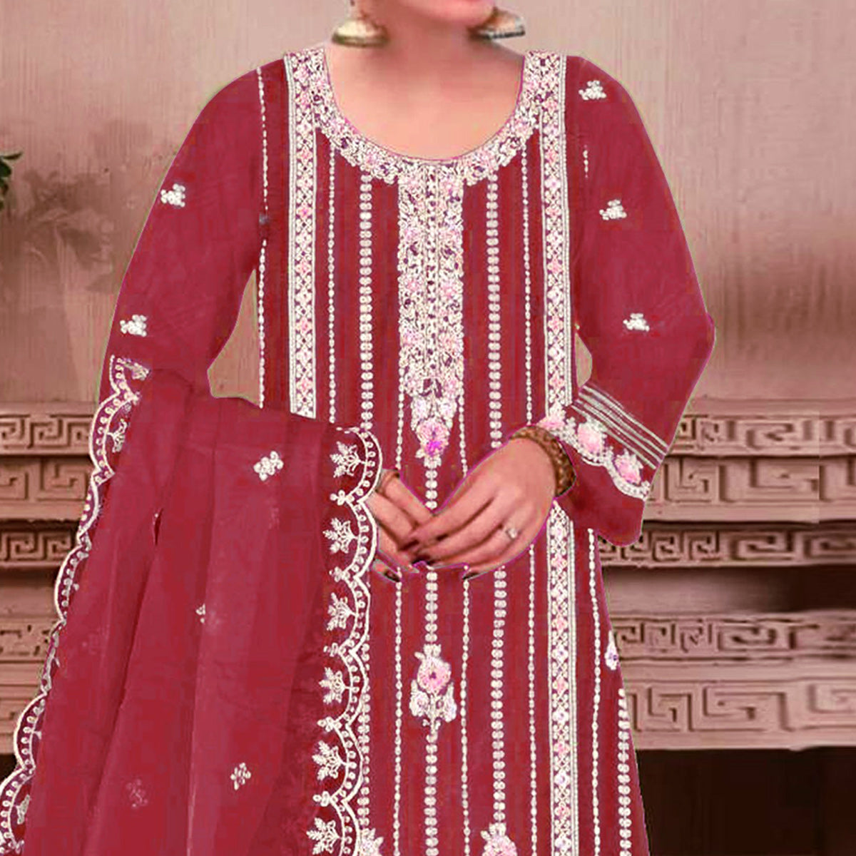 Maroon Floral Hand Embroidered Georgette Semi Stitched Pakistani Suit