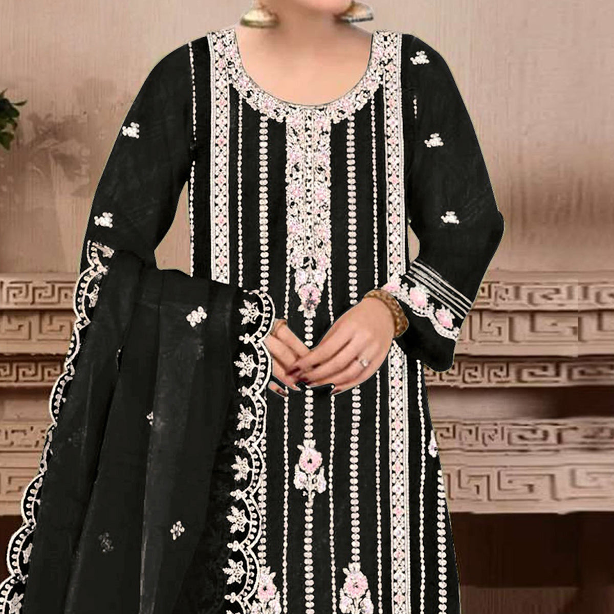 Black Floral Hand Embroidered Georgette Semi Stitched Pakistani Suit