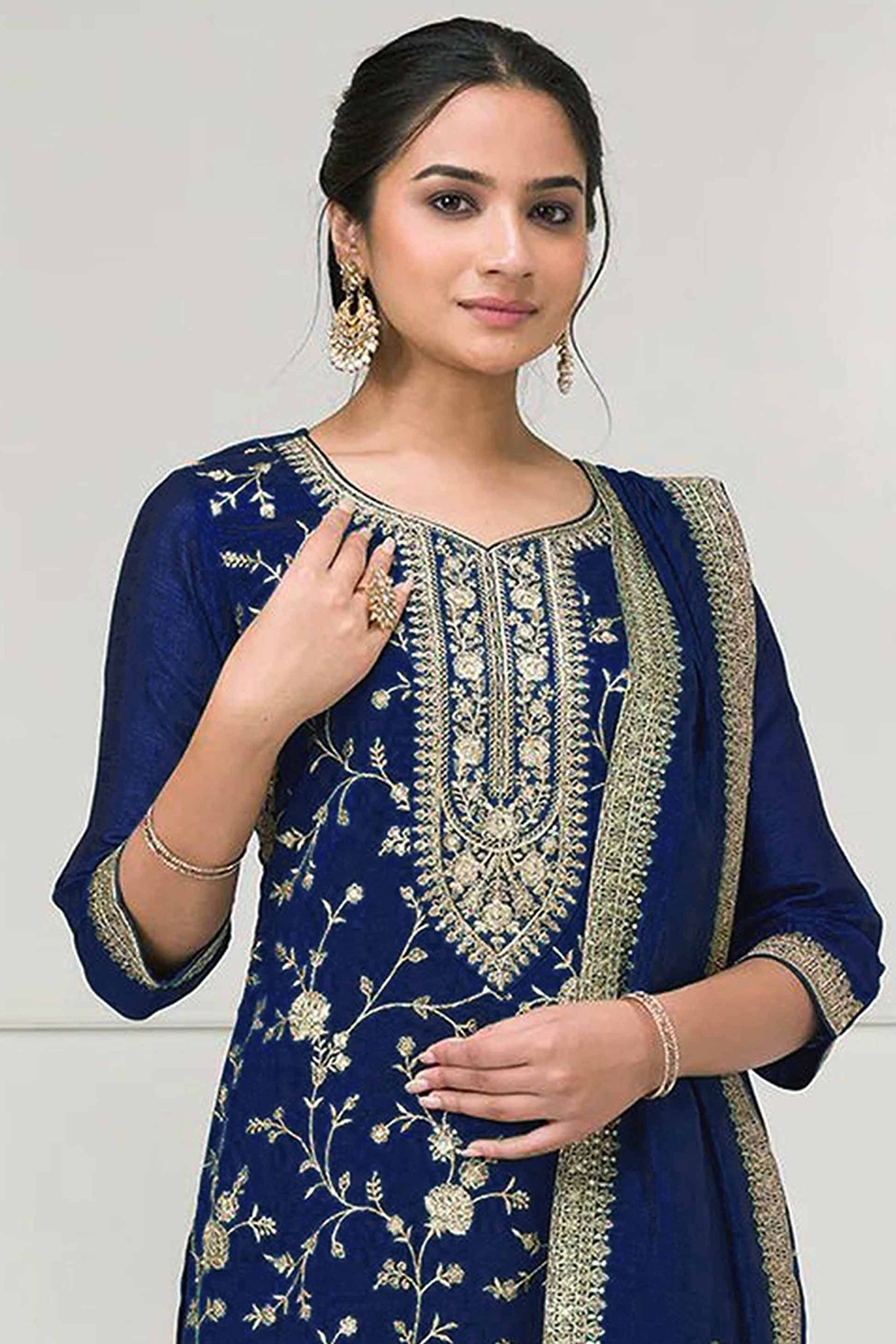 Navy Blue Beautiful Embroidered Pakistani Style Semi-Stitched Salwar Suit in Soft Georgette Fabric
