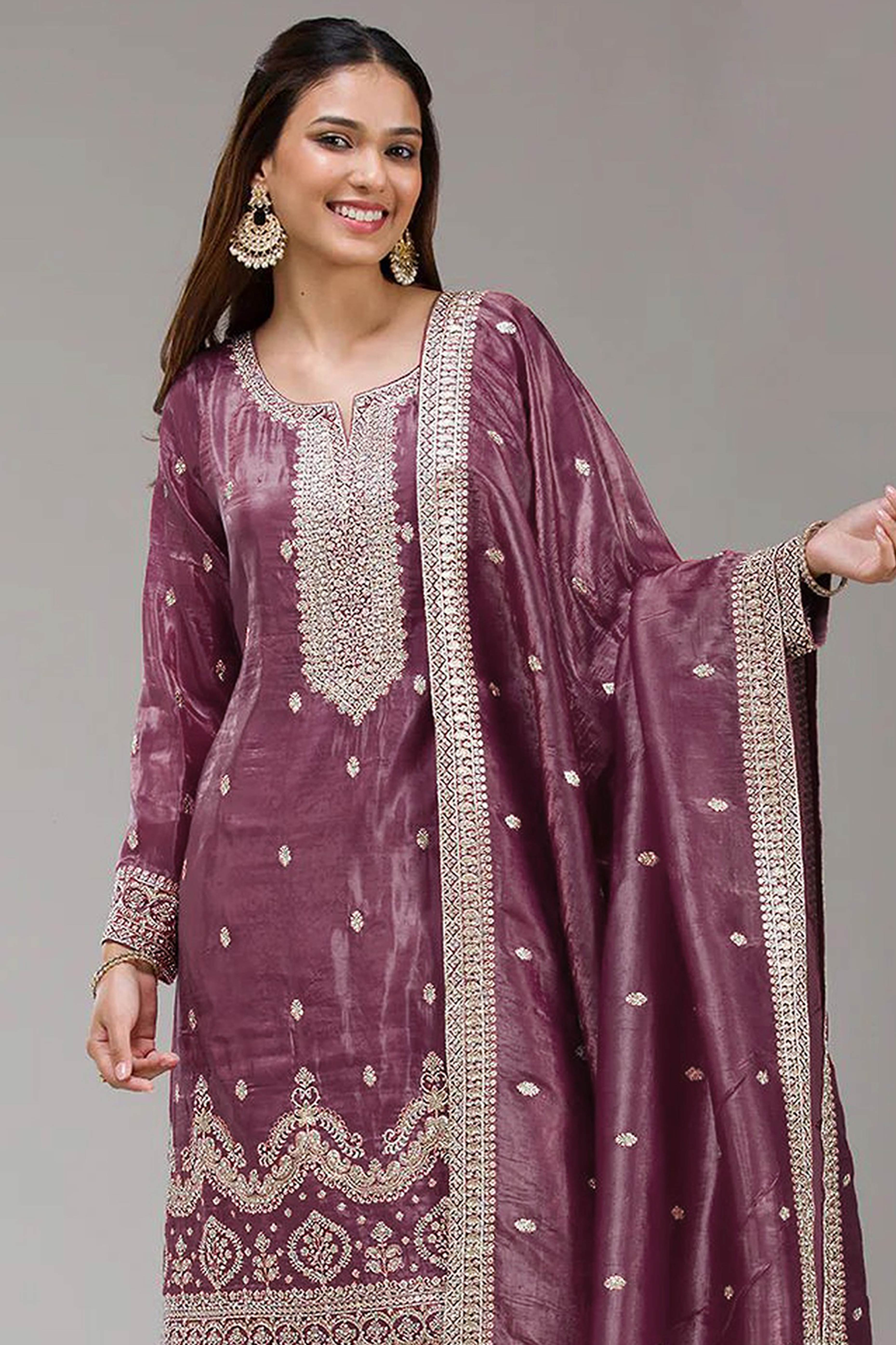 Mauve Embroidered Georgette Palazzo Style Semi-Stitched Salwar Suit for Graceful Occasions