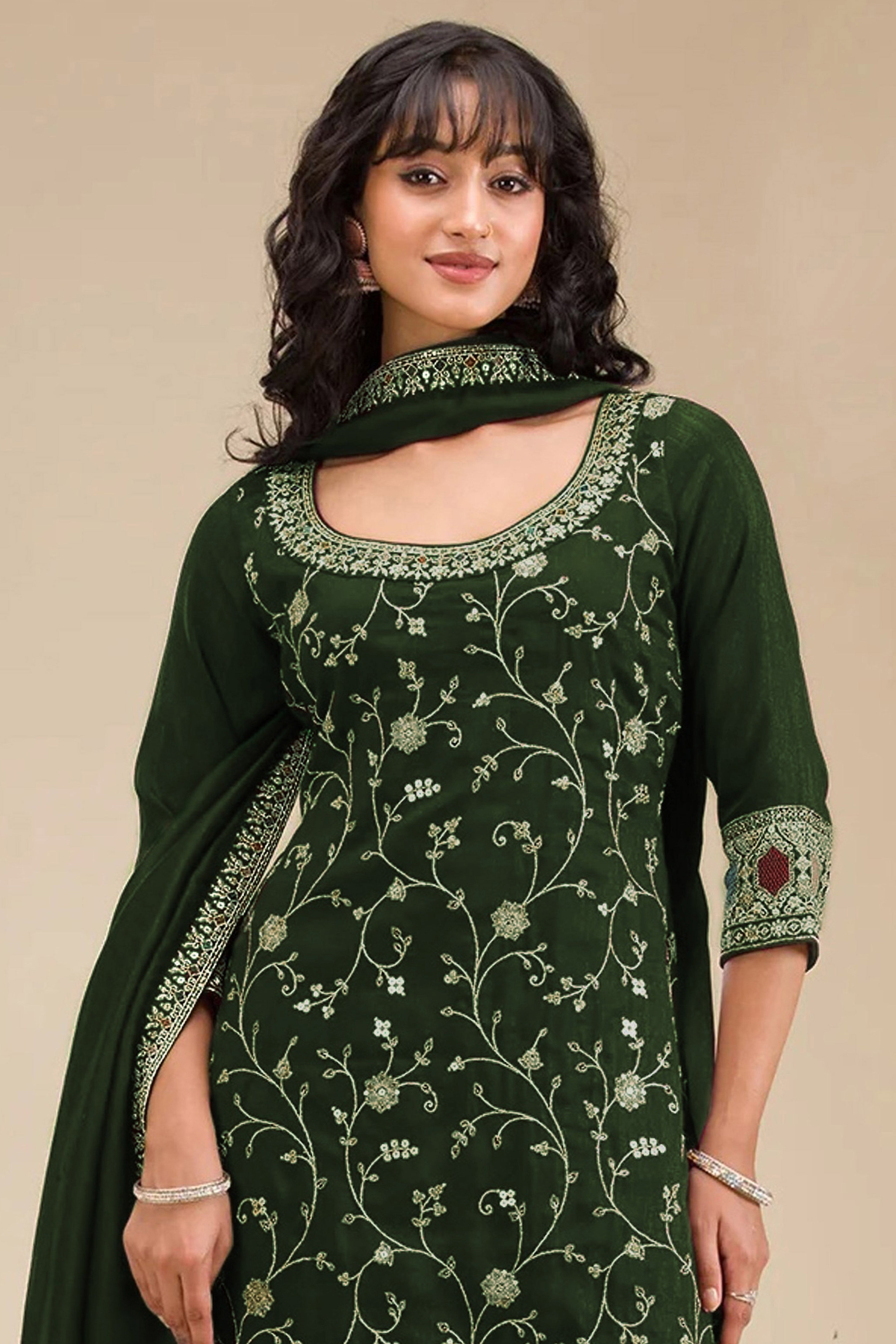 Luxury Green Floral Embroidered With Sequins Vichitra Silk Semi Stitched Pakistani Salwar Suit