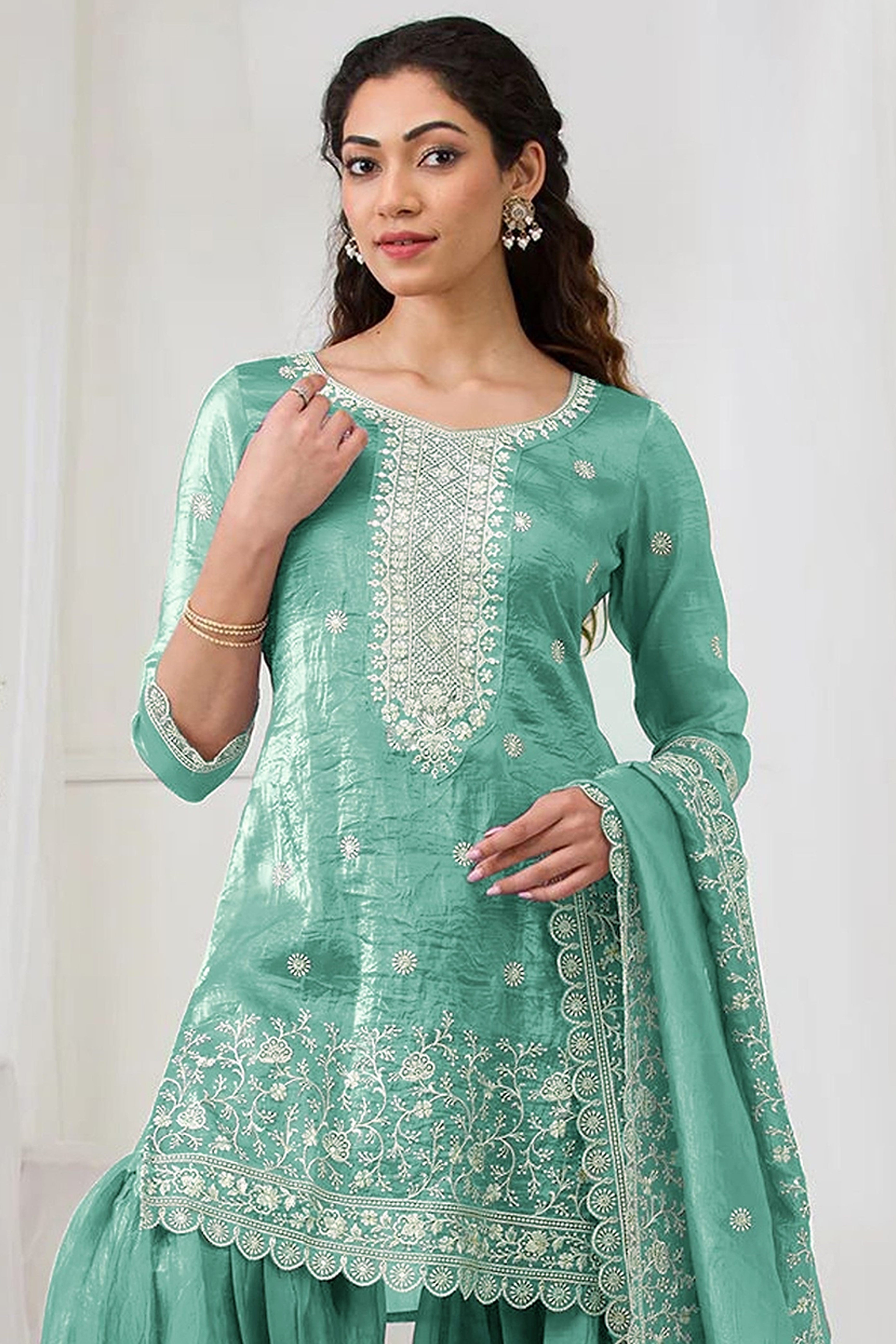 Turquoise Elegant Embroidered Georgette Semi-Stitched Salwar Suit with Stylish Palazzo Bottoms