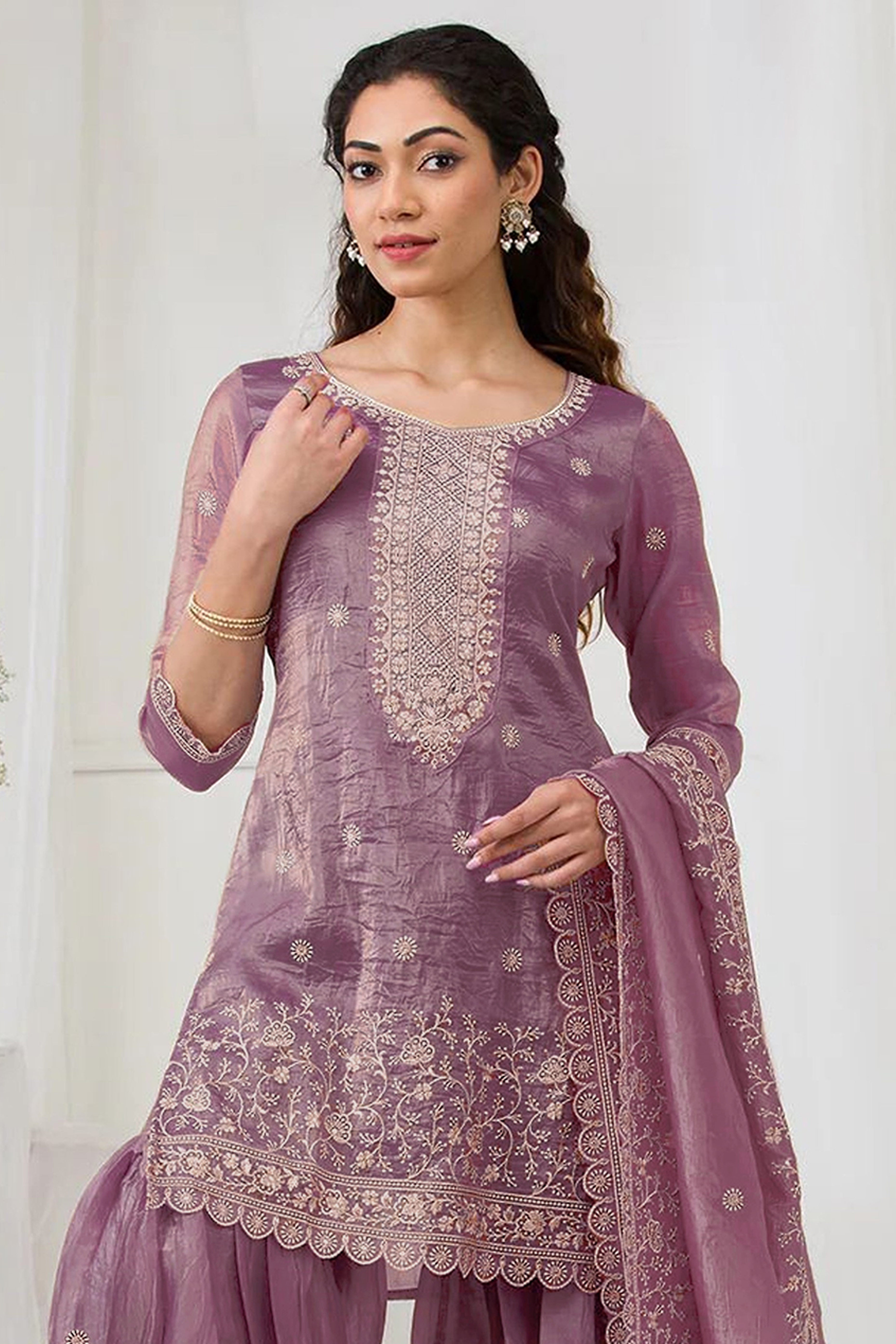 Mauve Elegant Embroidered Georgette Semi-Stitched Salwar Suit with Stylish Palazzo Bottoms