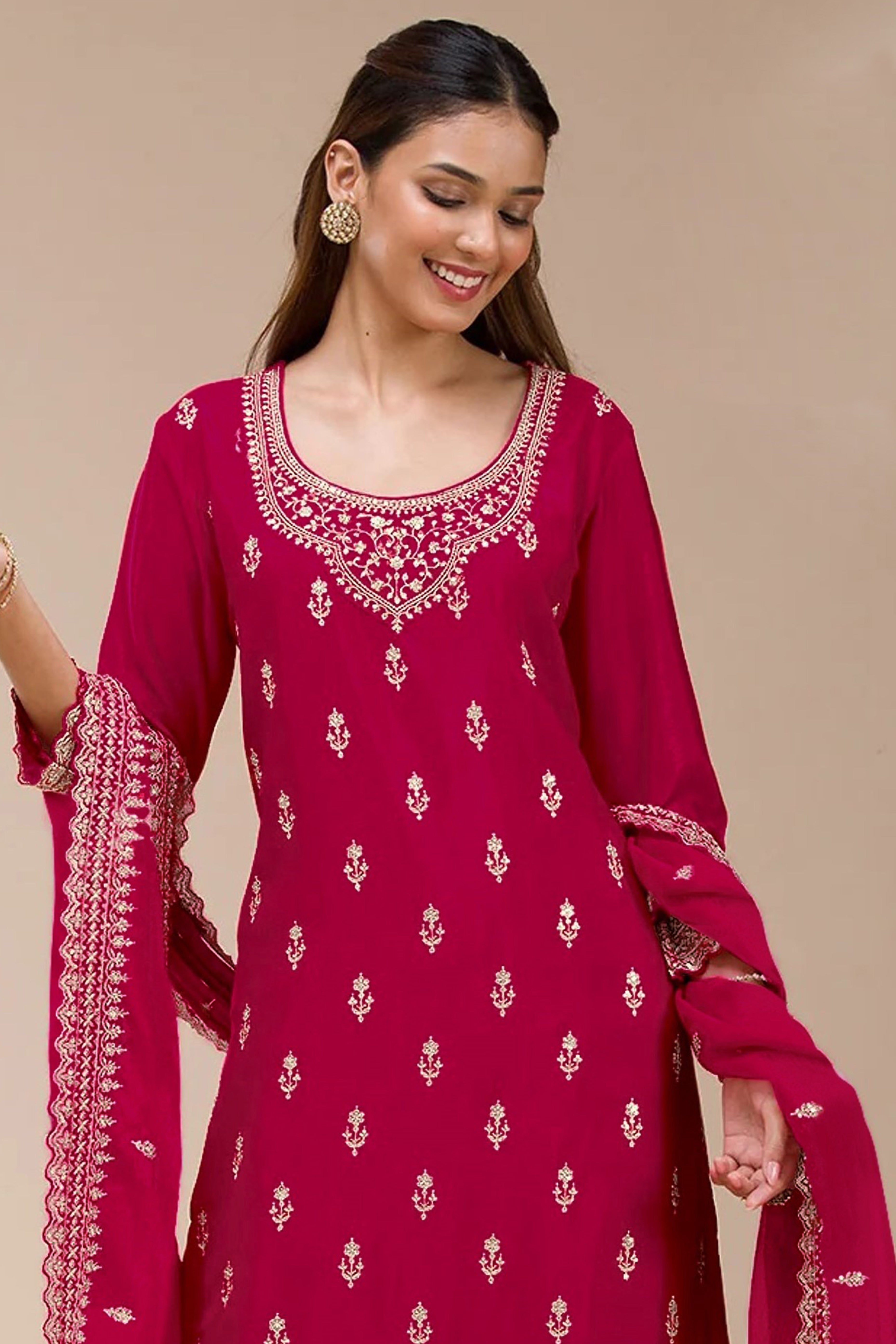 Charming Cherry Red Floral Sequins Embroidered Georgette Semi Stitched Pakistani Salwar Suit