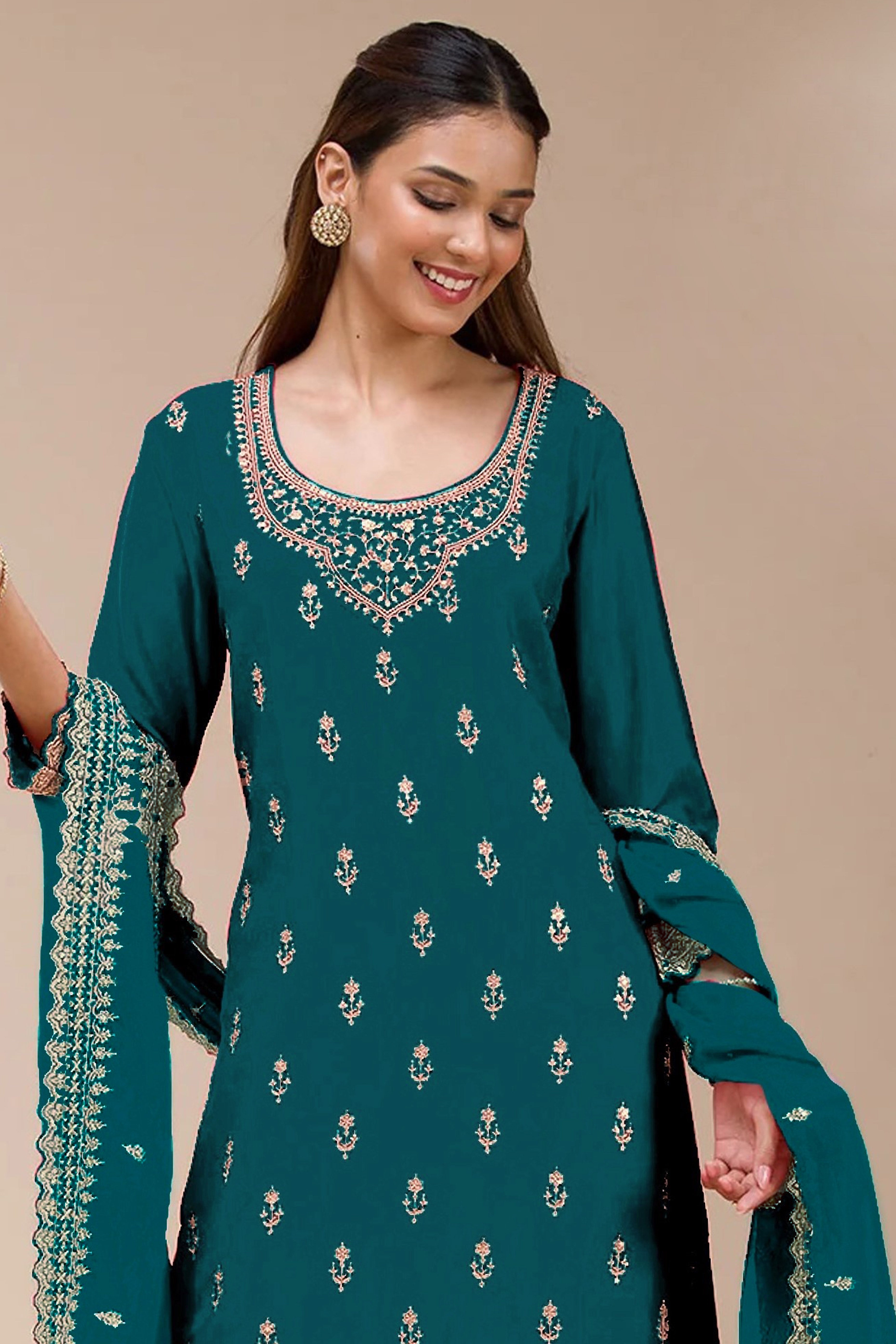 Charming Teal Floral Sequins Embroidered Georgette Semi Stitched Pakistani Salwar Suit