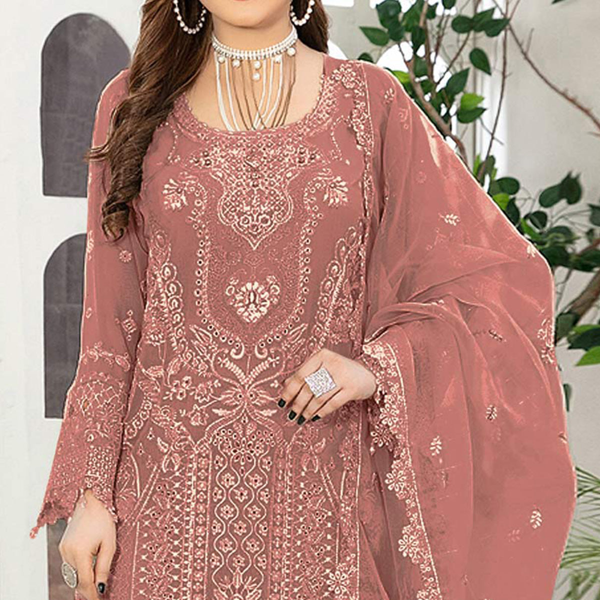 Dusty Peach Floral Embroidered Georgette Semi Stitched Pakistani Suit