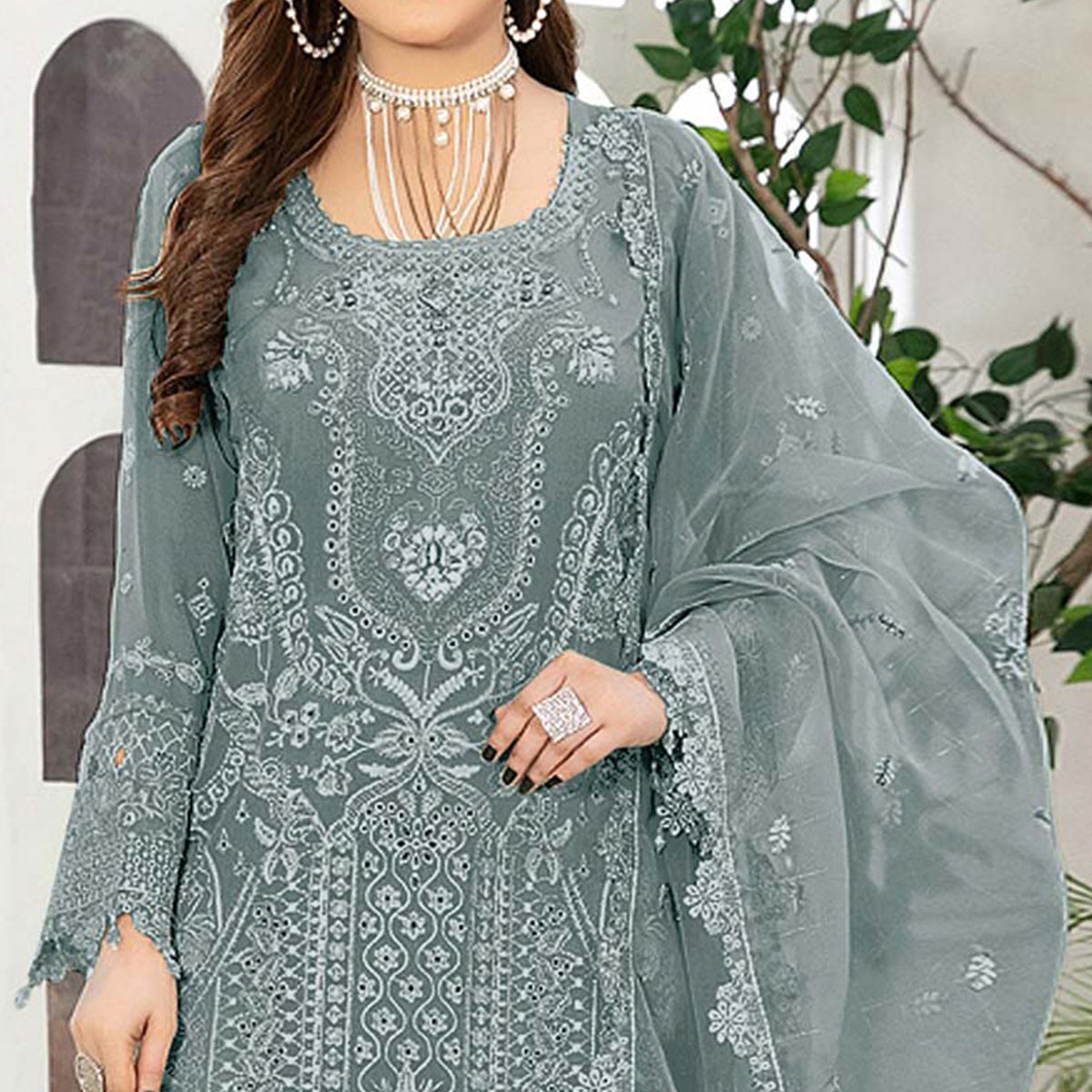 Blue Floral Embroidered Georgette Semi Stitched Pakistani Suit