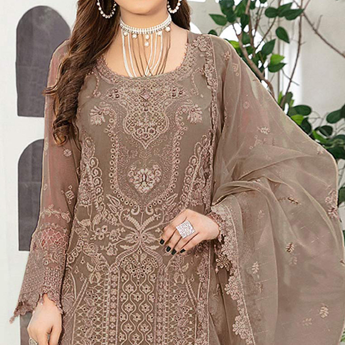 Beige Floral Embroidered Georgette Semi Stitched Pakistani Suit