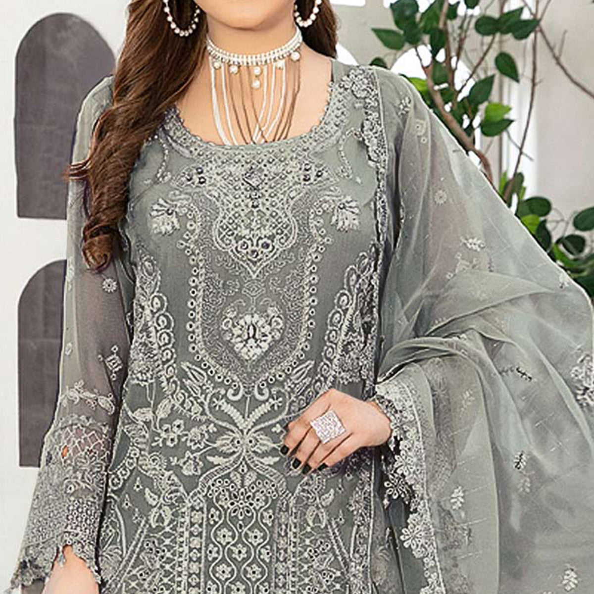 Green Floral Embroidered Georgette Semi Stitched Pakistani Suit