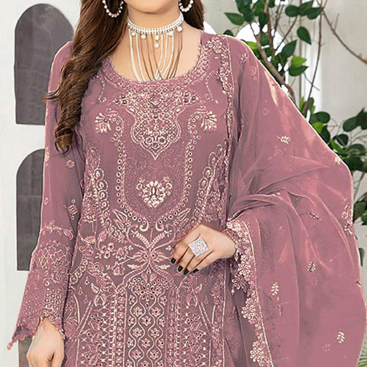 Mauve Floral Embroidered Georgette Semi Stitched Pakistani Suit