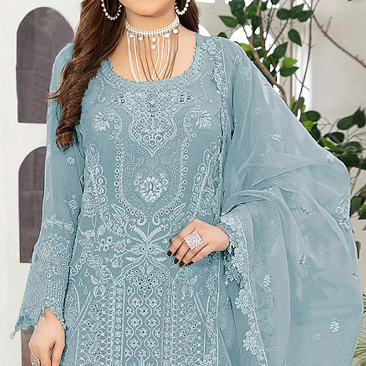 Sky Blue Floral Embroidered Georgette Semi Stitched Pakistani Suit