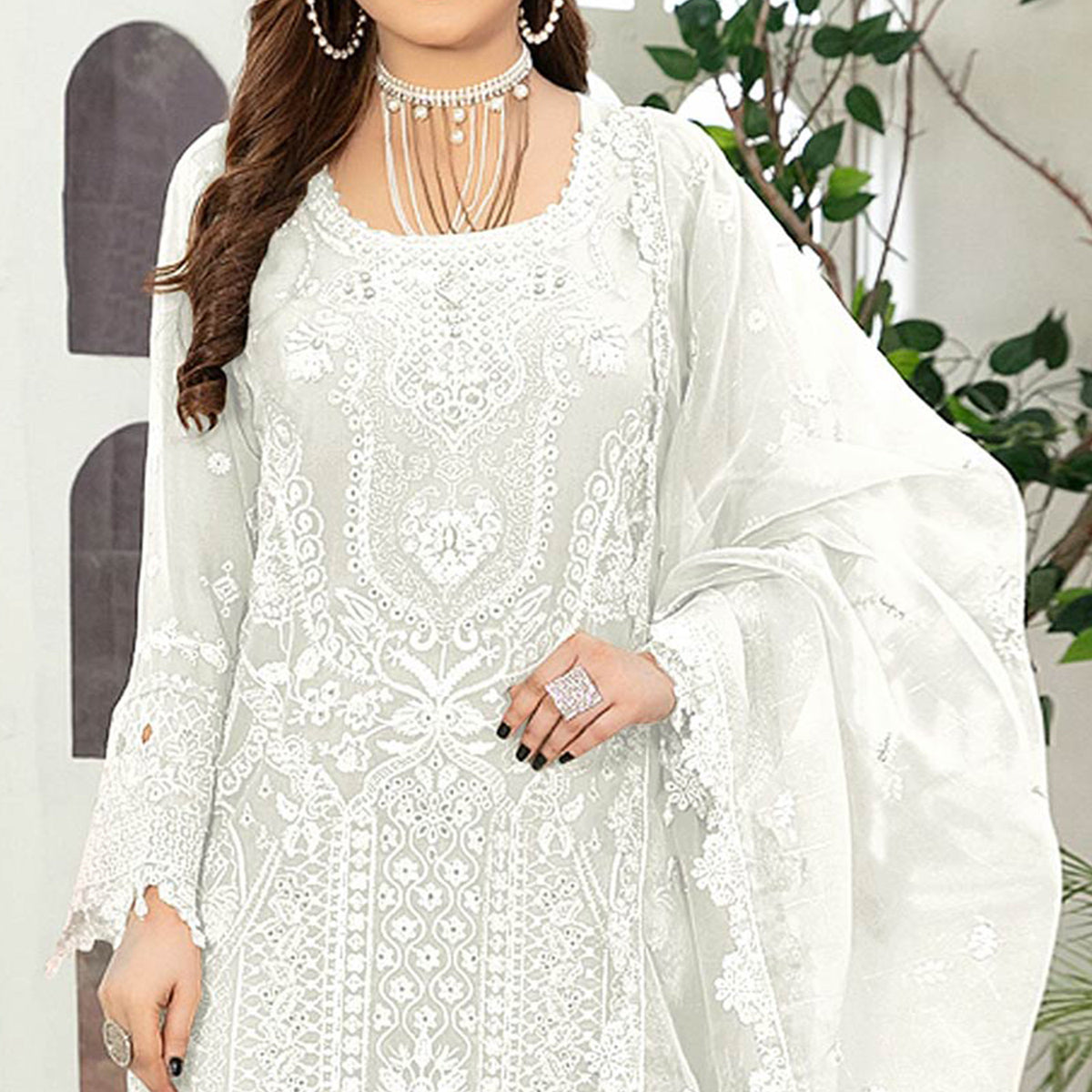 White Floral Embroidered Georgette Semi Stitched Pakistani Suit