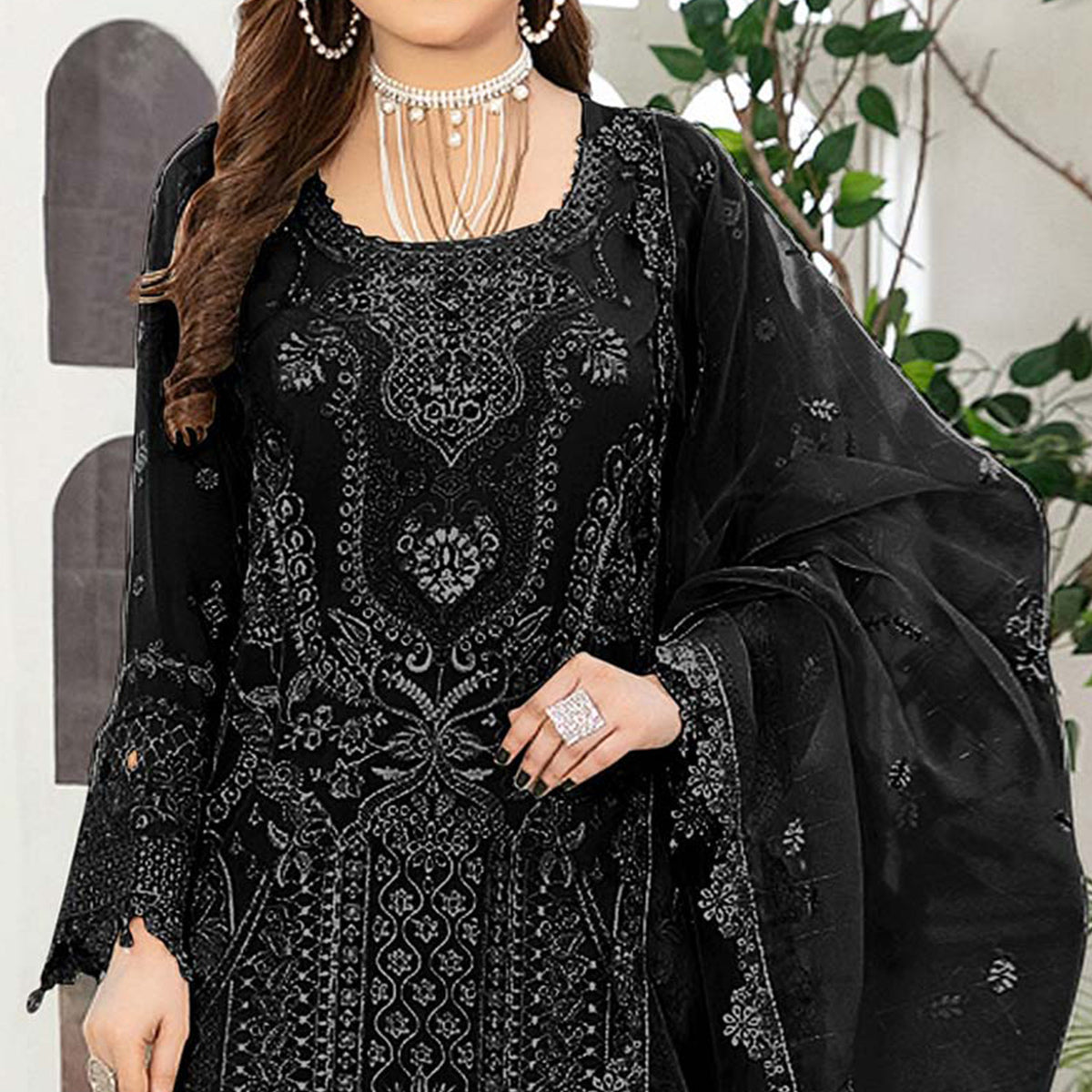 Black Floral Embroidered Georgette Semi Stitched Pakistani Suit