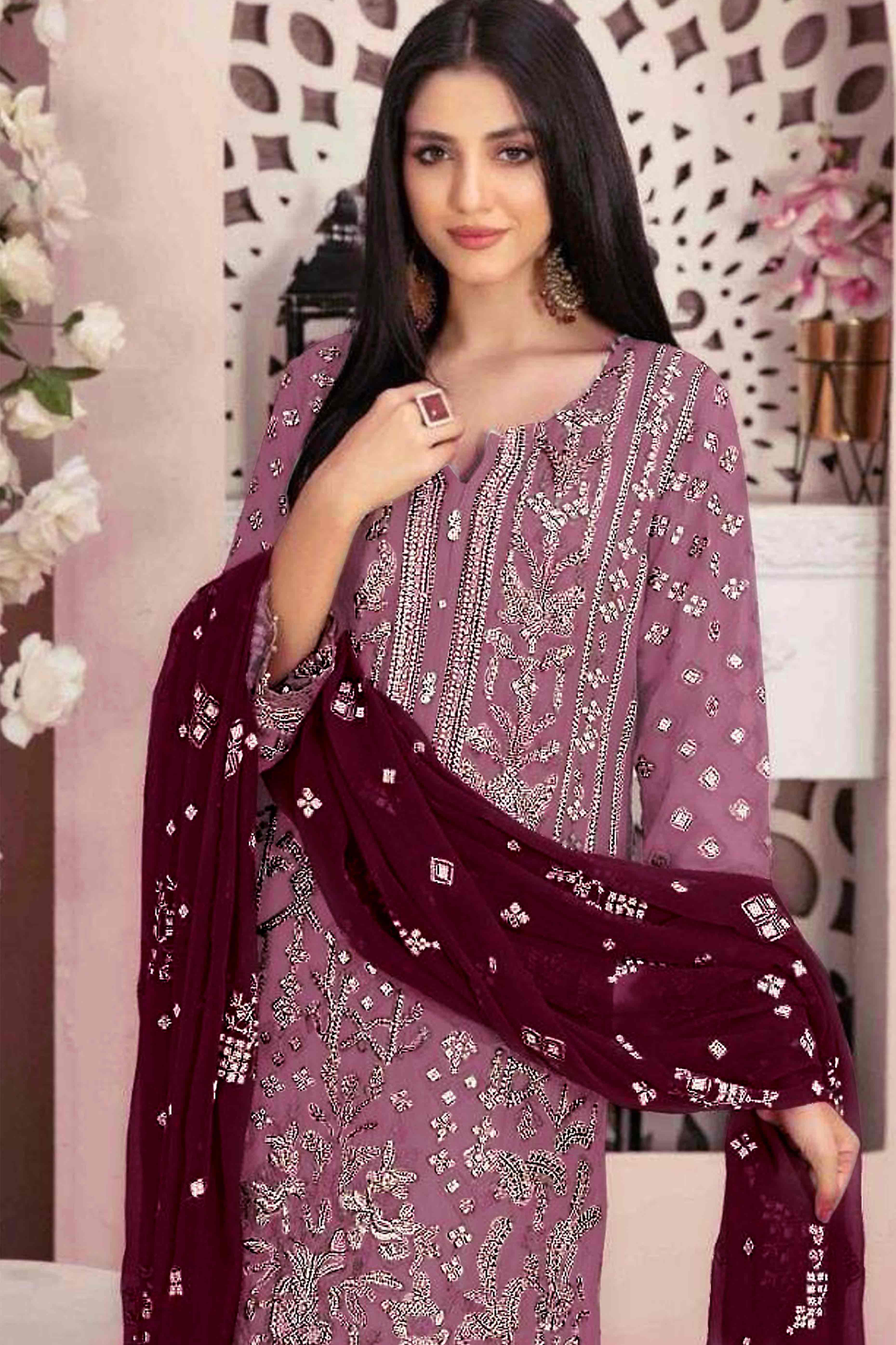 Mauve Floral Embroidered With Handwork Georgette Semi Stitched Pakistani Suit